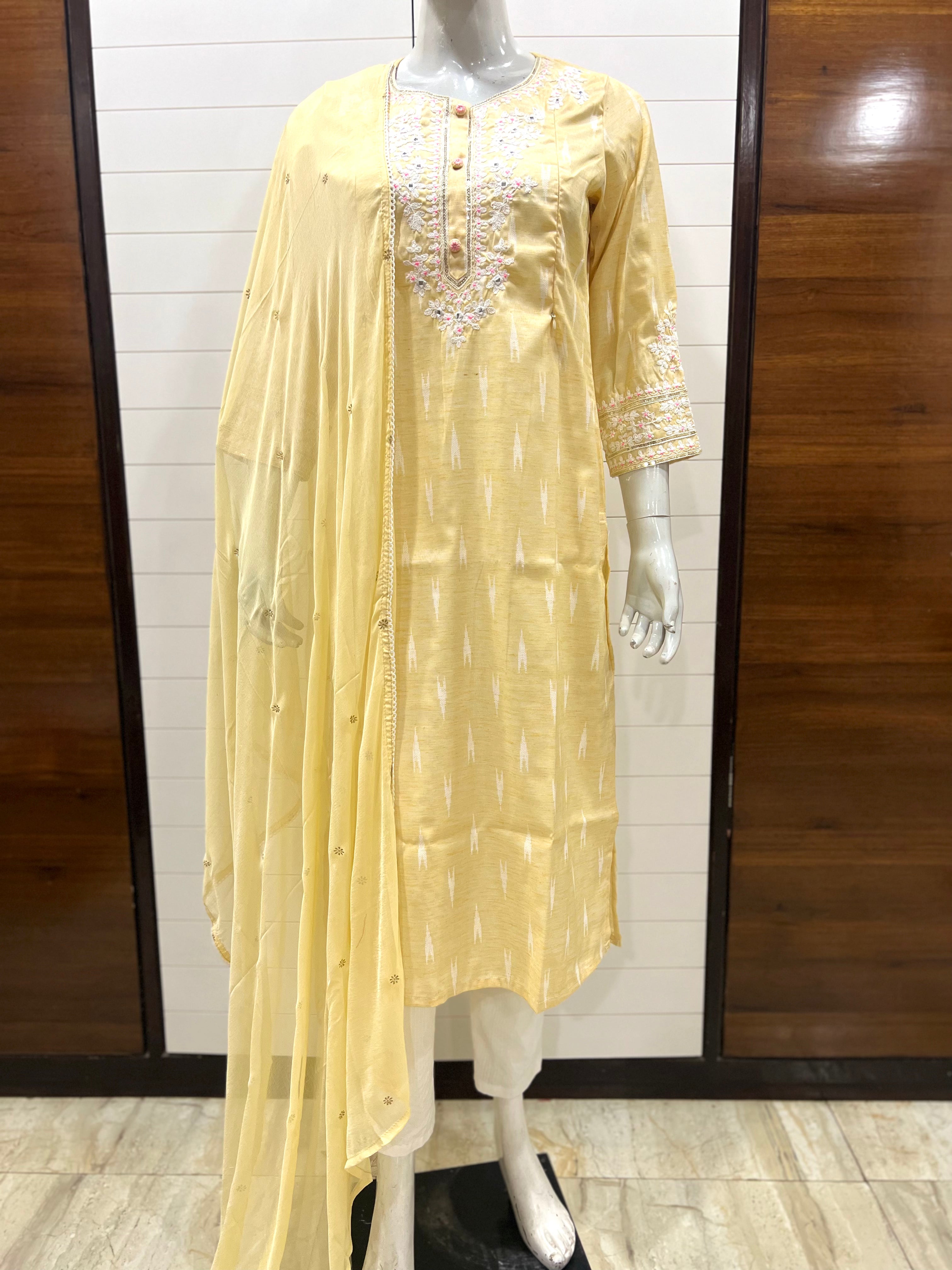 COTTON IKKAT DORI EMBROIDED KURTA WITH COTTON PANT AND CHIFFON DUPATTA FOR MATERNITY AND FEEDING PURPOSE