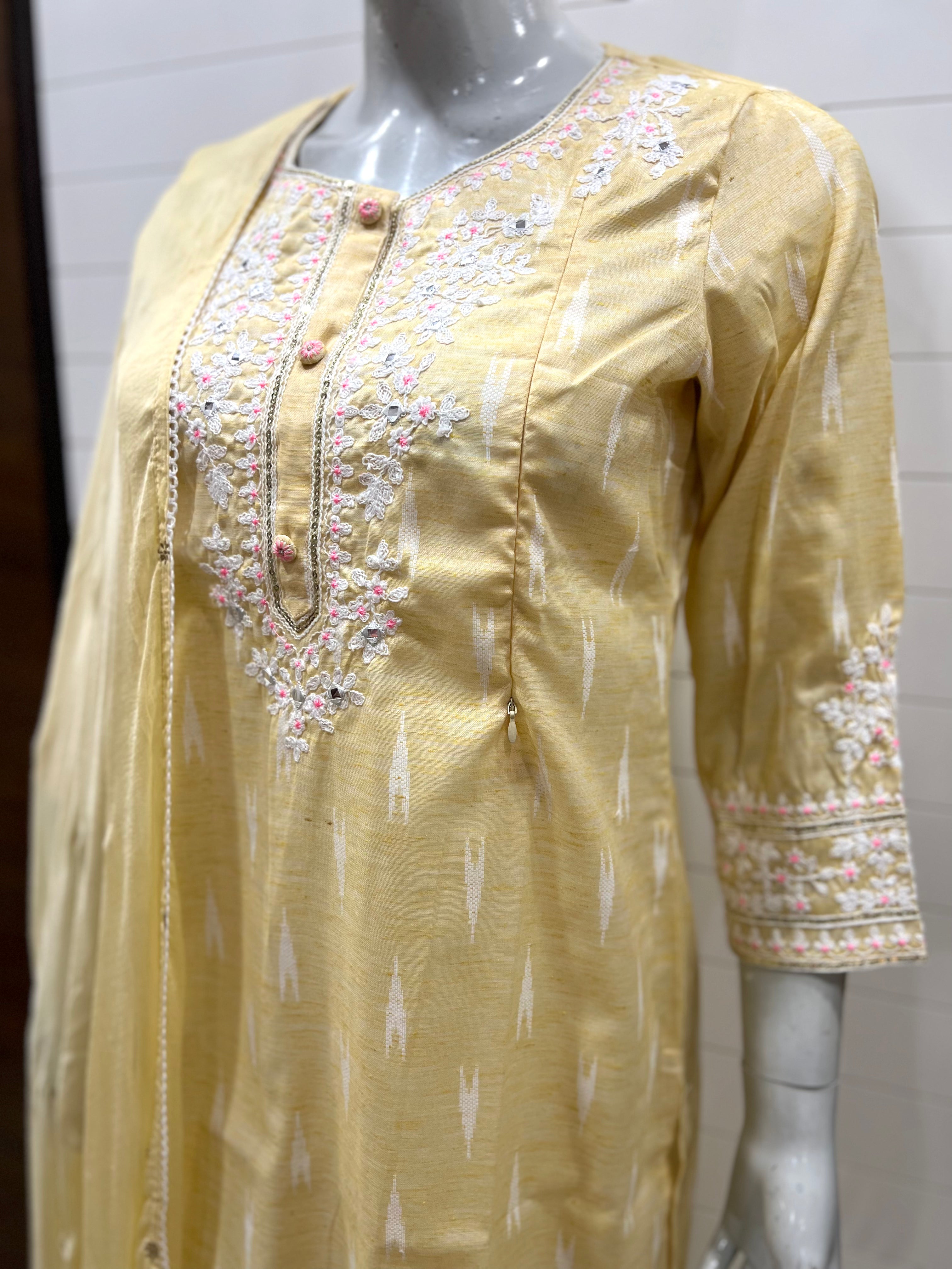 COTTON IKKAT DORI EMBROIDED KURTA WITH COTTON PANT AND CHIFFON DUPATTA FOR MATERNITY AND FEEDING PURPOSE