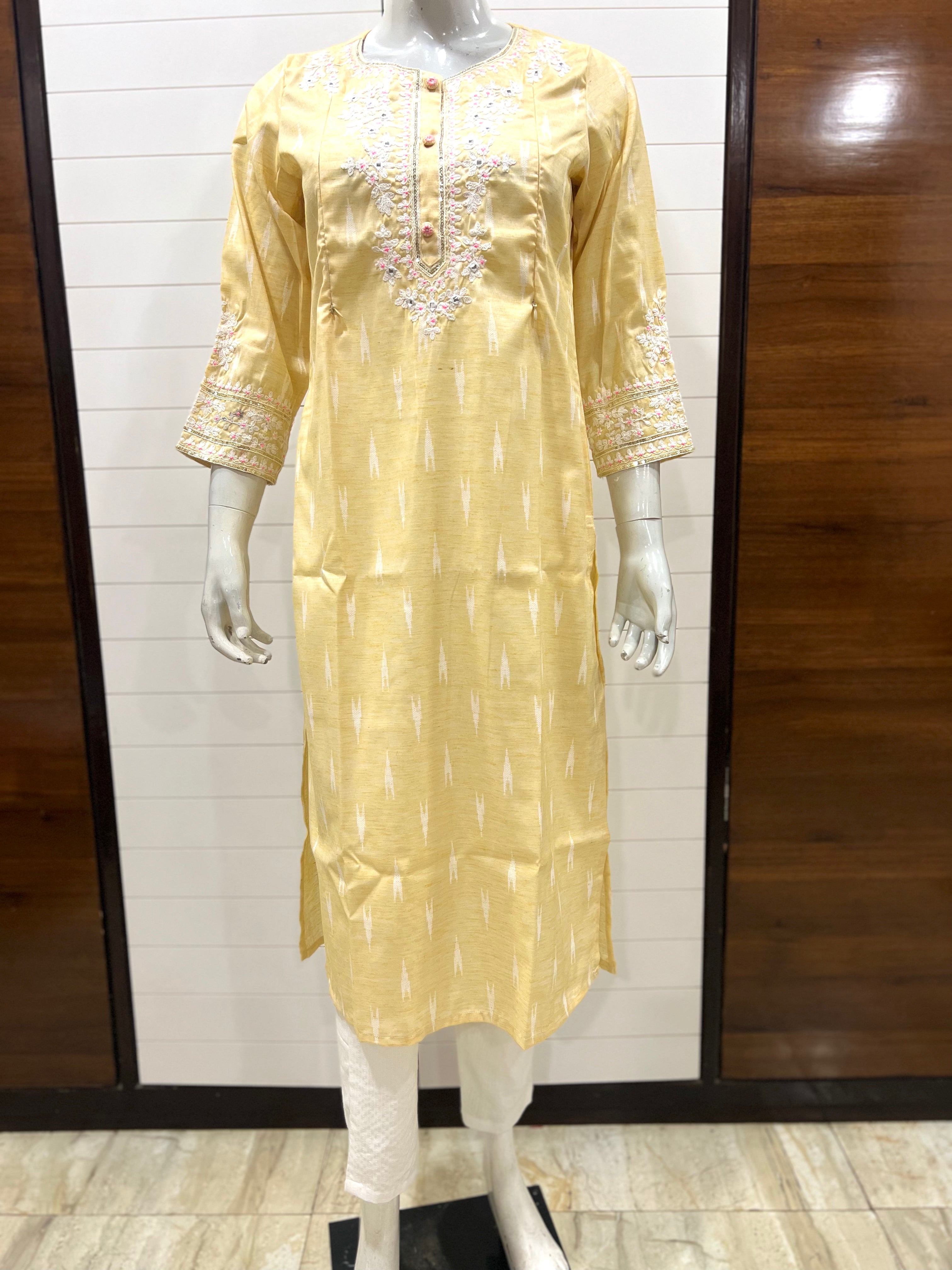 COTTON IKKAT DORI EMBROIDED KURTA WITH COTTON PANT AND CHIFFON DUPATTA FOR MATERNITY AND FEEDING PURPOSE