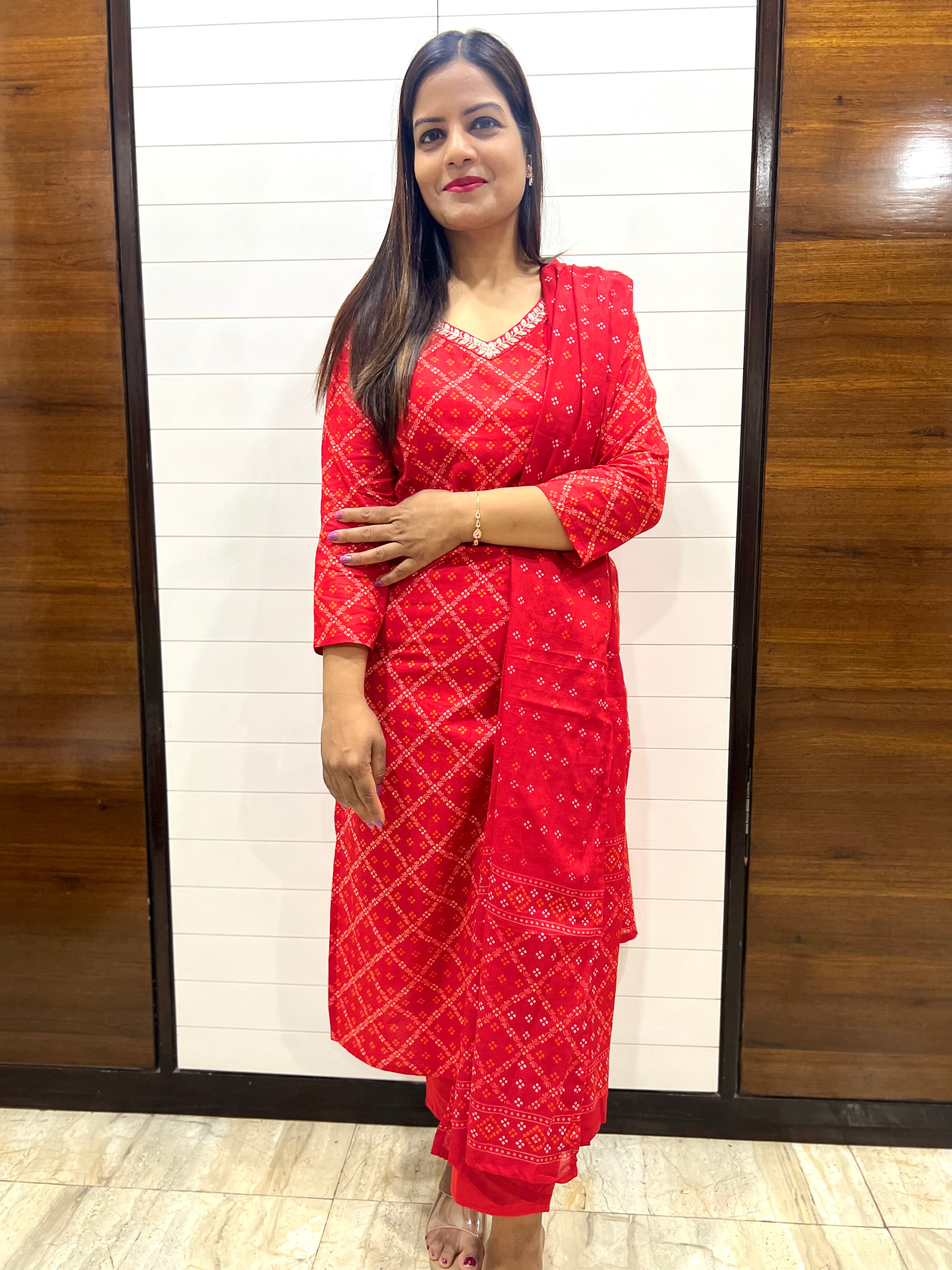 Red Pure Cotton Printed Feeding Kurta Pant and Dupatta Set