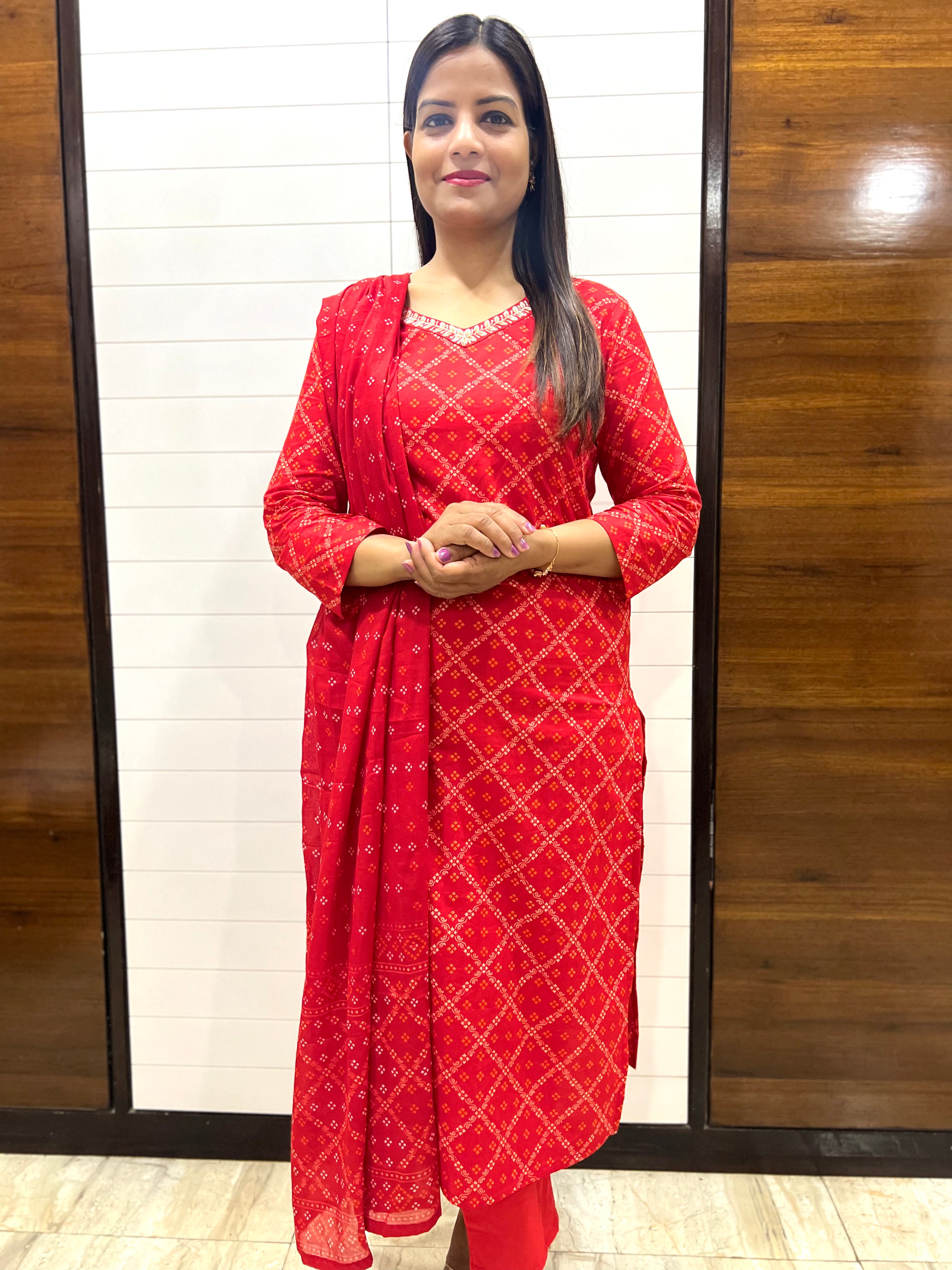 Red Pure Cotton Printed Feeding Kurta Pant and Dupatta Set