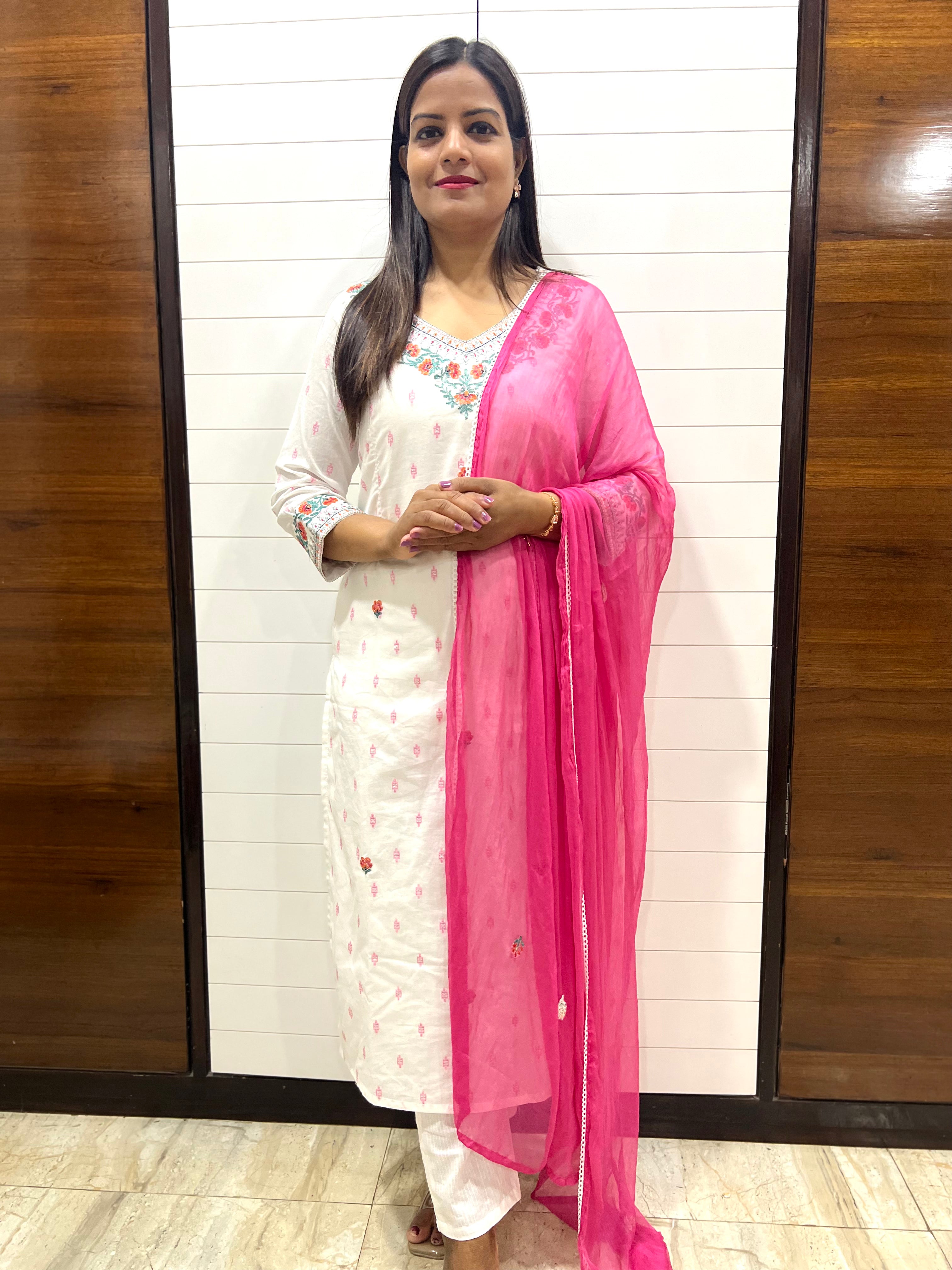 White Pure Cotton Ikkat Embroidered Feeding Kurta Pant and Dupatta Set