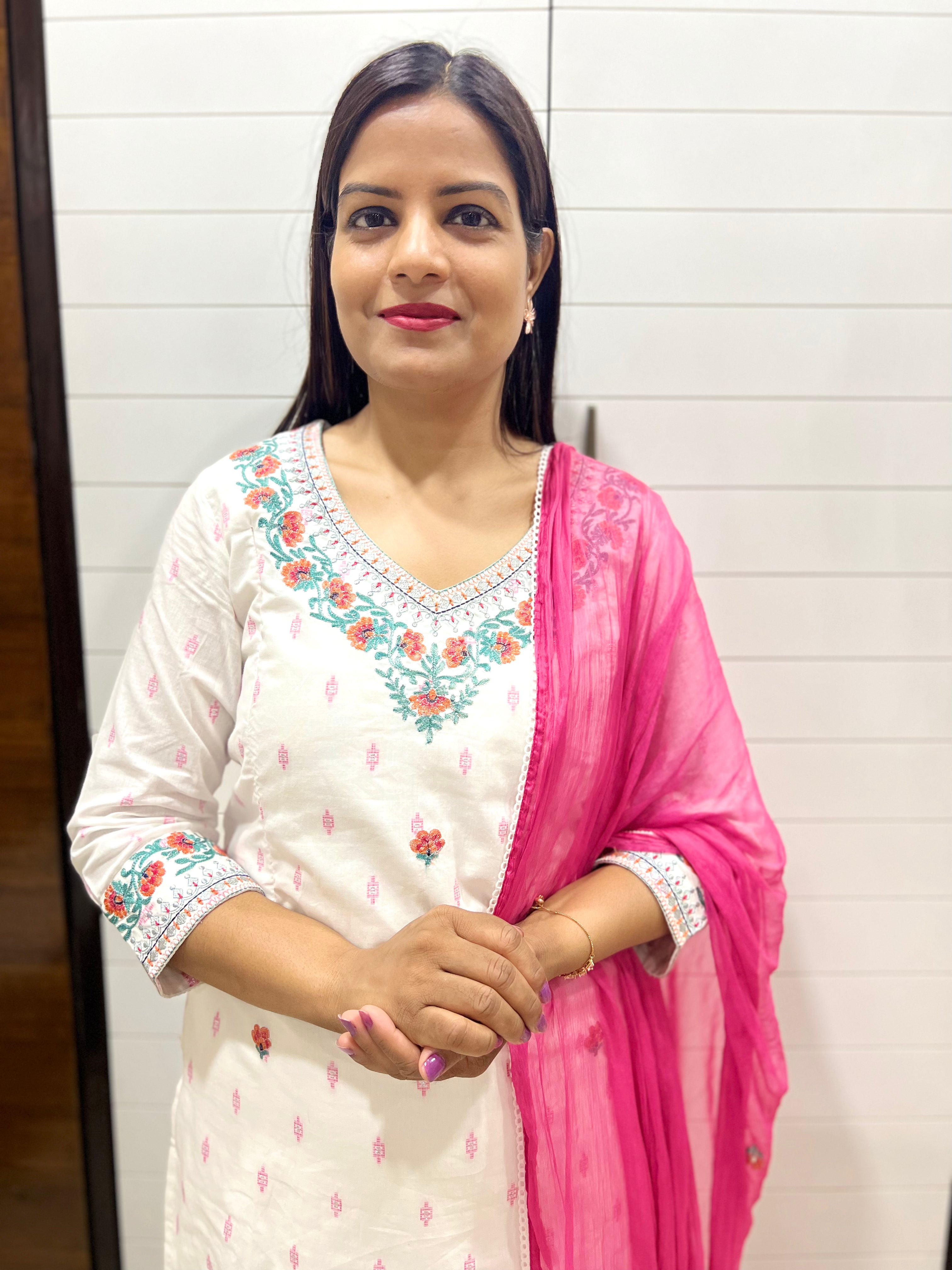 White Pure Cotton Ikkat Embroidered Feeding Kurta Pant and Dupatta Set