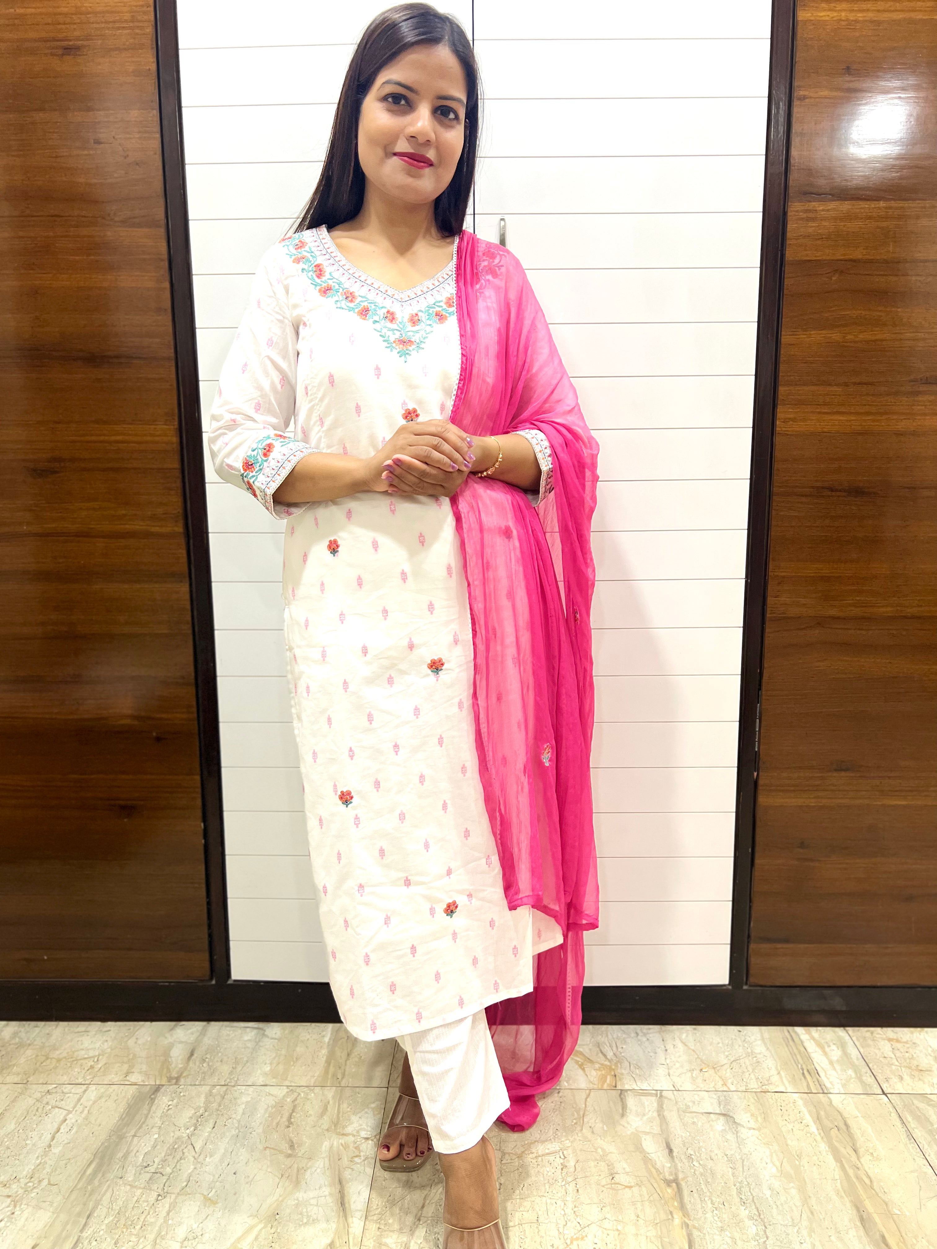 White Pure Cotton Ikkat Embroidered Feeding Kurta Pant and Dupatta Set