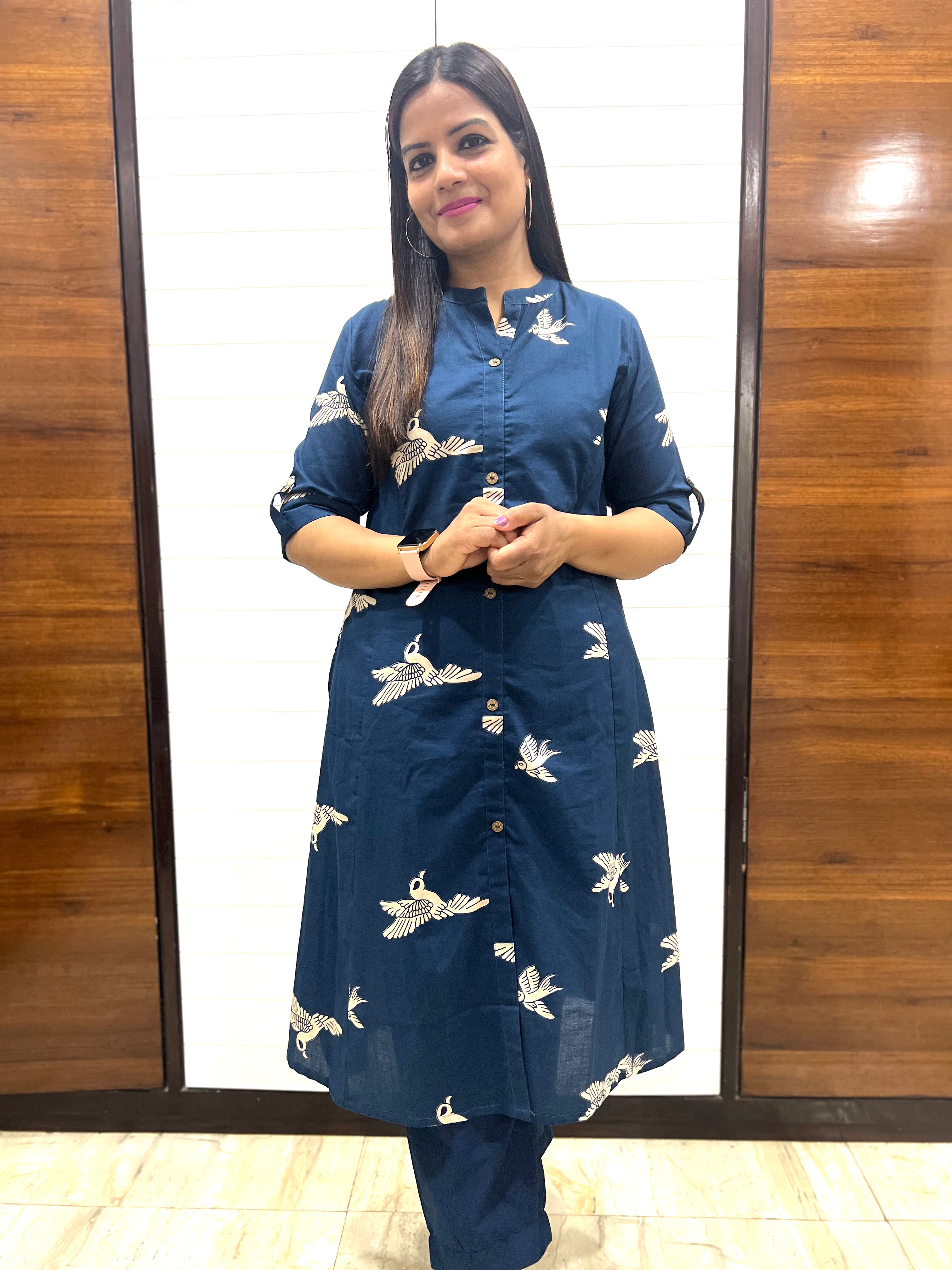 Blue Pure Cotton Printed Feeding Kurta and Pant Set