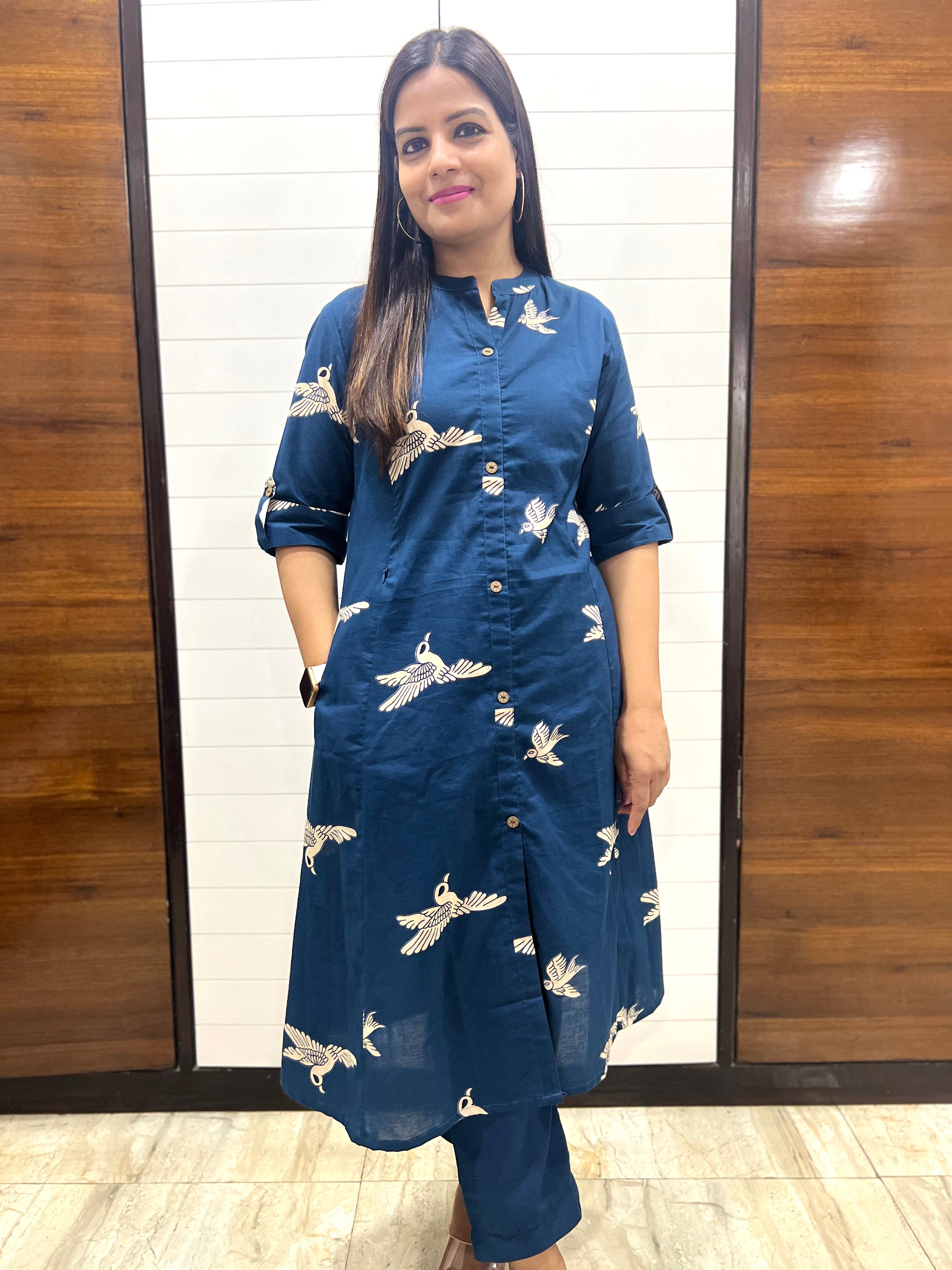 Blue Pure Cotton Printed Feeding Kurta and Pant Set