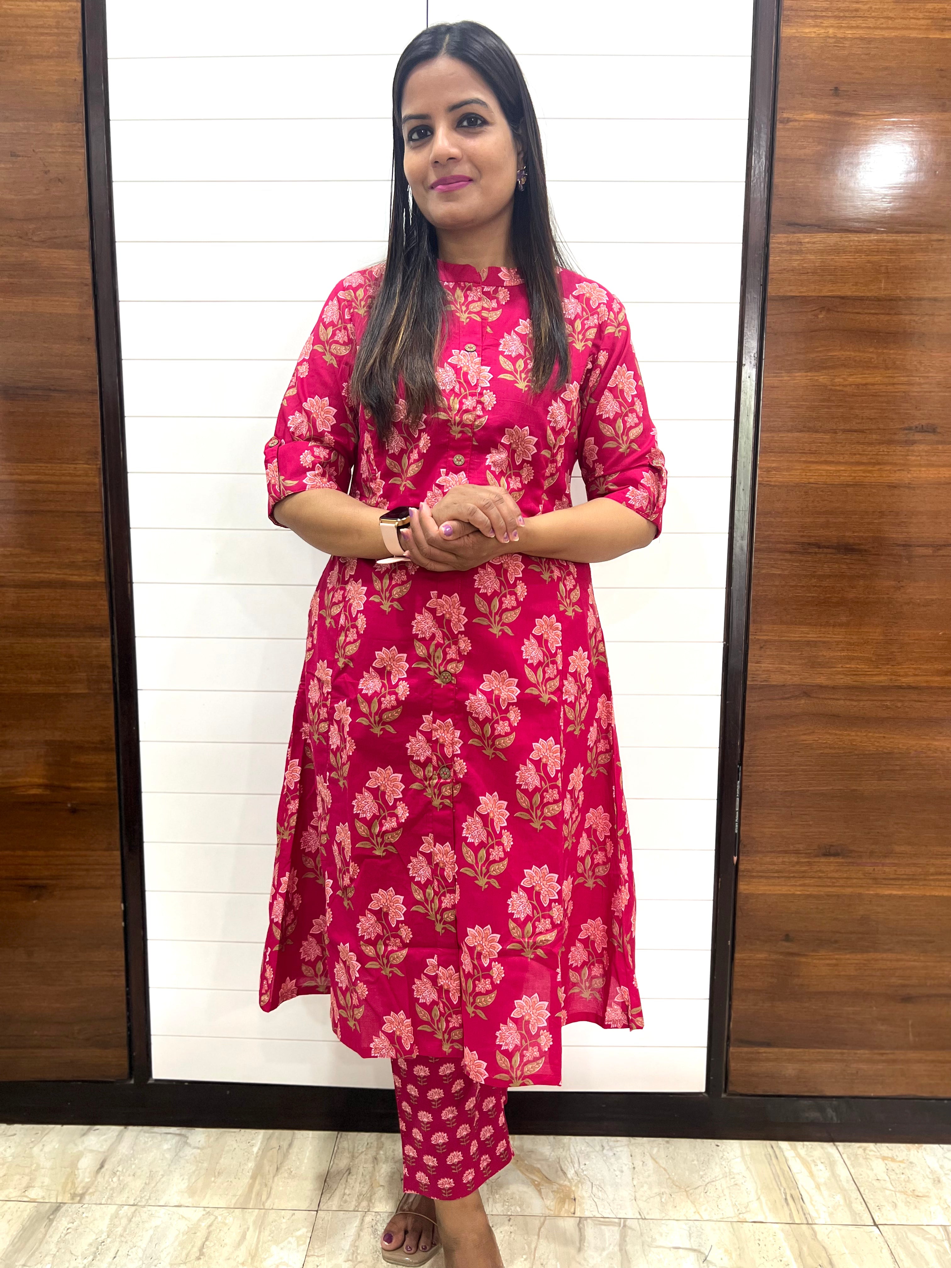 Fuchsia Floral Pure Cotton Printed Feeding Kurta and Pant Set