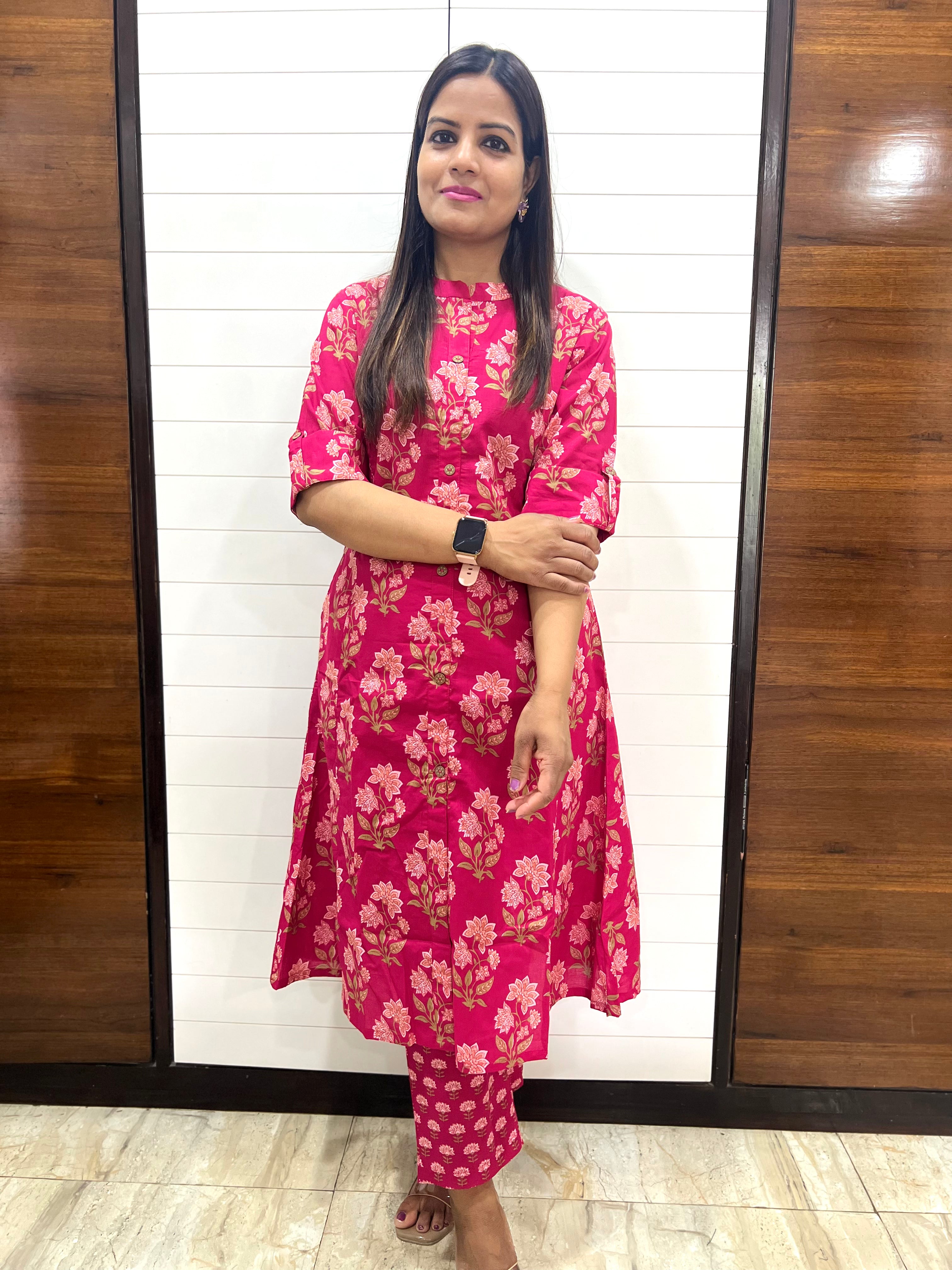 Fuchsia Floral Pure Cotton Printed Feeding Kurta and Pant Set