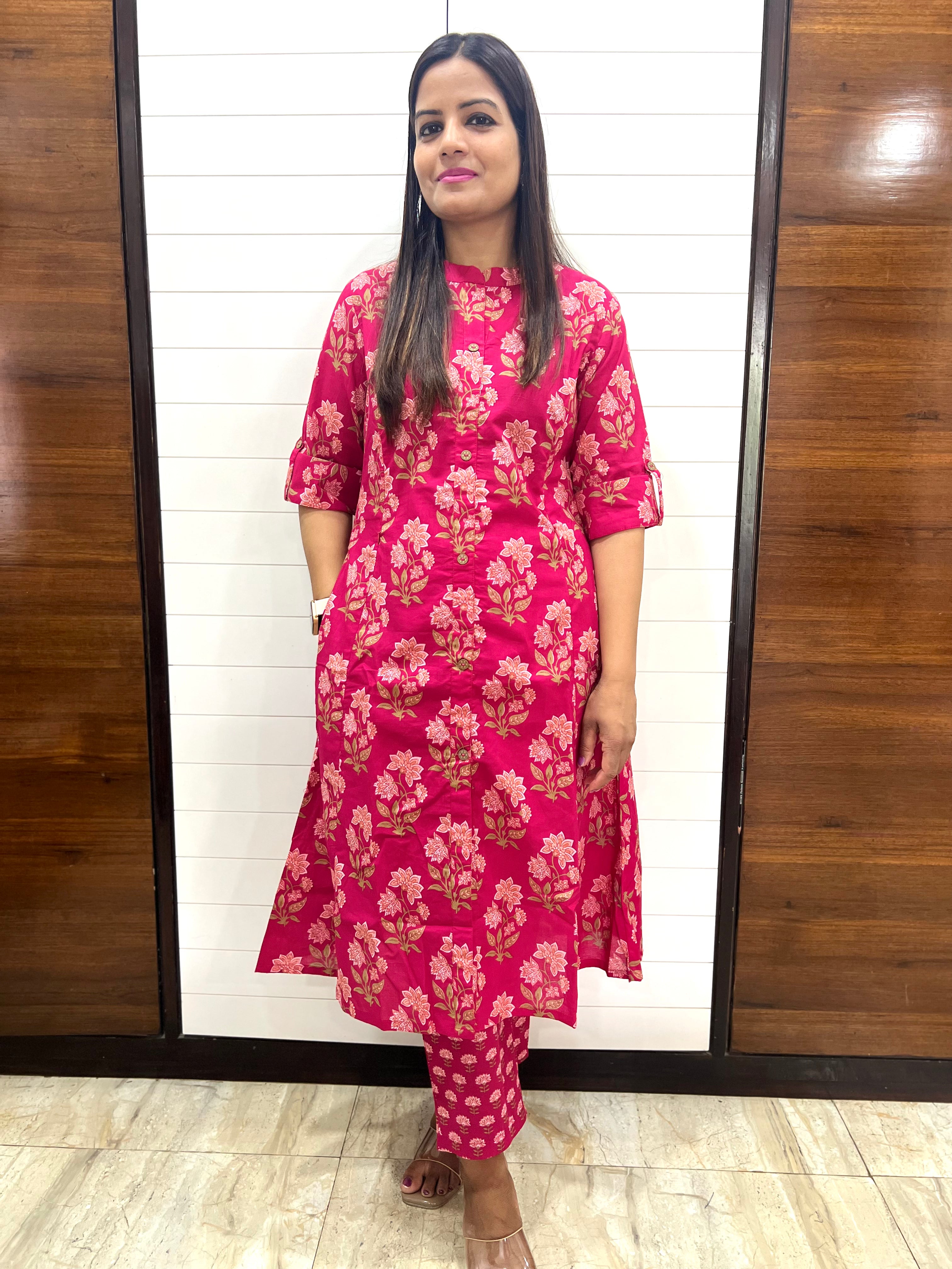 Fuchsia Floral Pure Cotton Printed Feeding Kurta and Pant Set