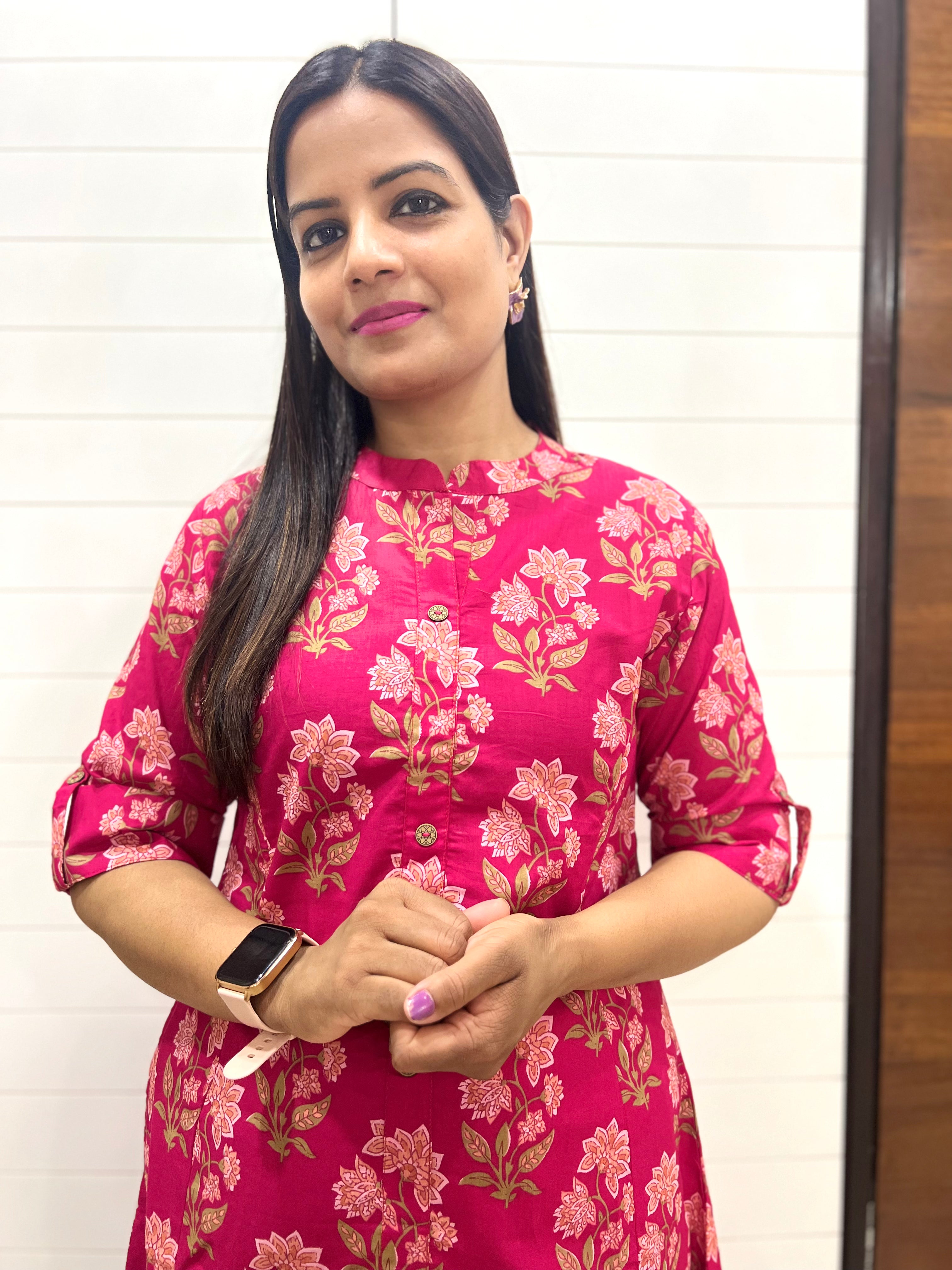 Fuchsia Floral Pure Cotton Printed Feeding Kurta and Pant Set