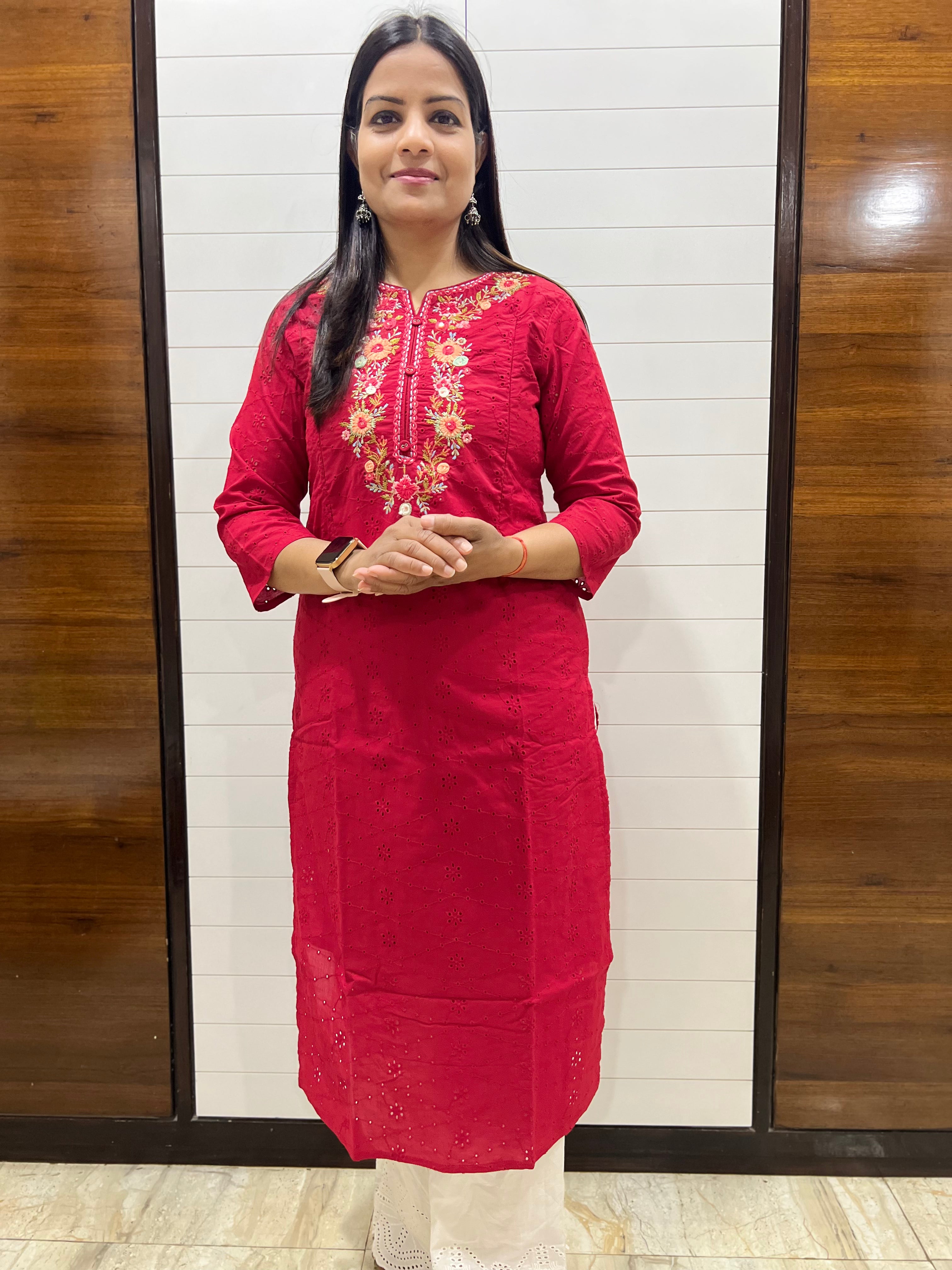 mumzhug pure cotton schiffli embroidered feeding kurta with attached lining