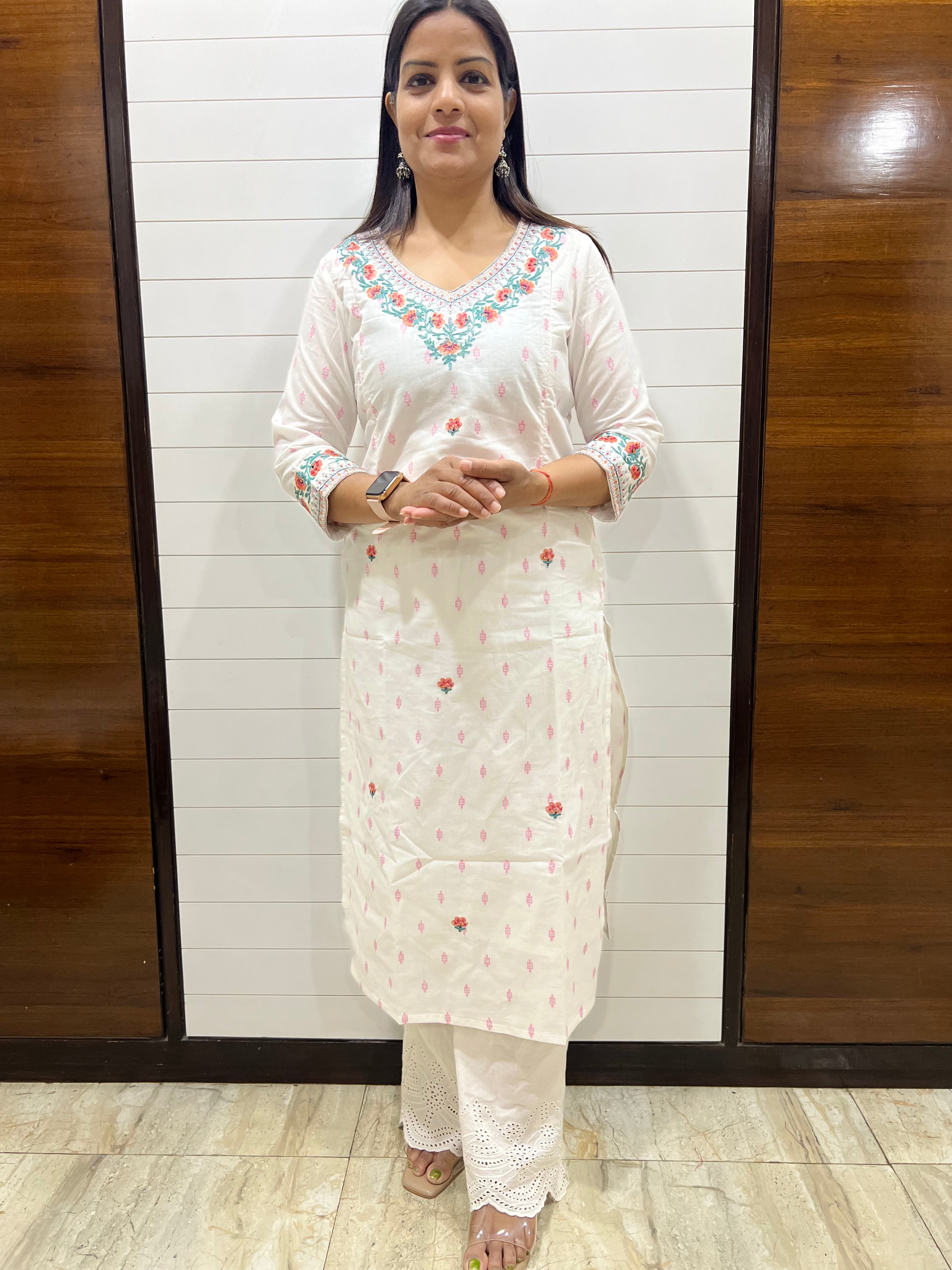 mumzhug white pure cotton embroidered feeding kurta with attached lining