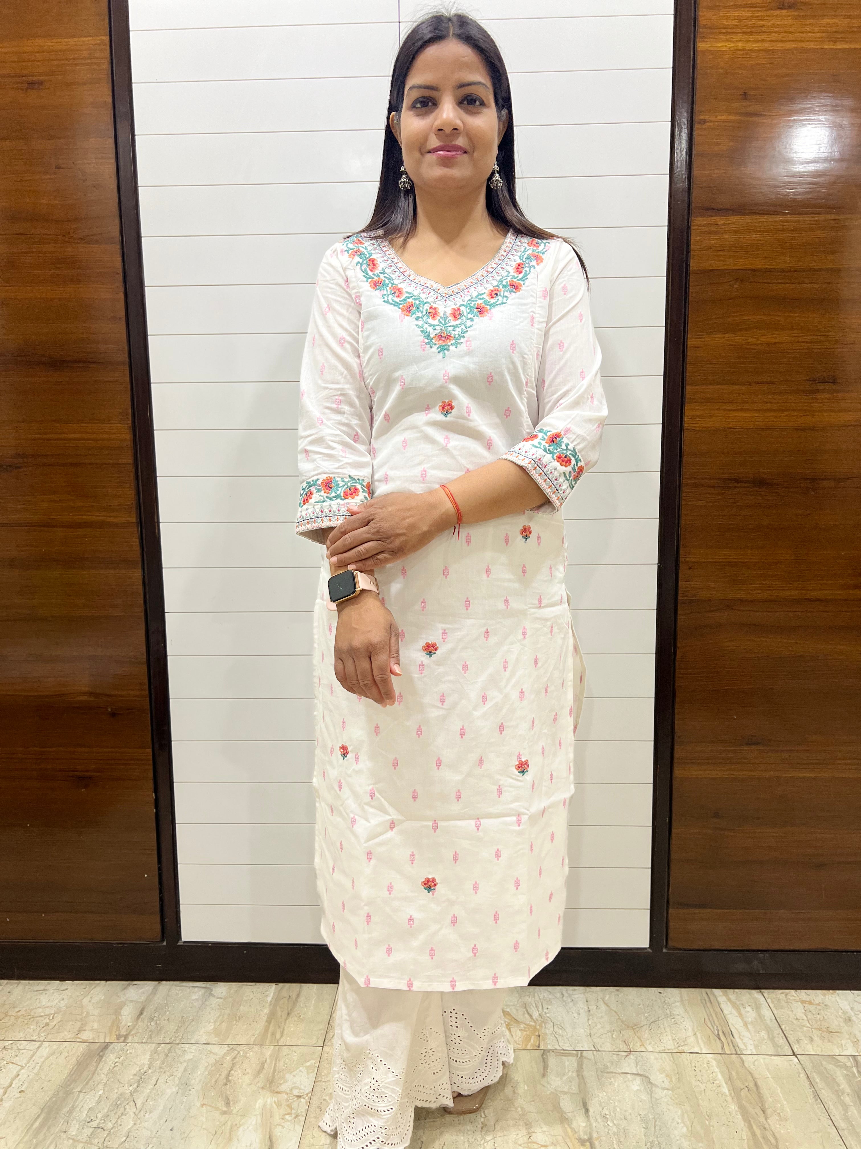 mumzhug white pure cotton embroidered feeding kurta with attached lining