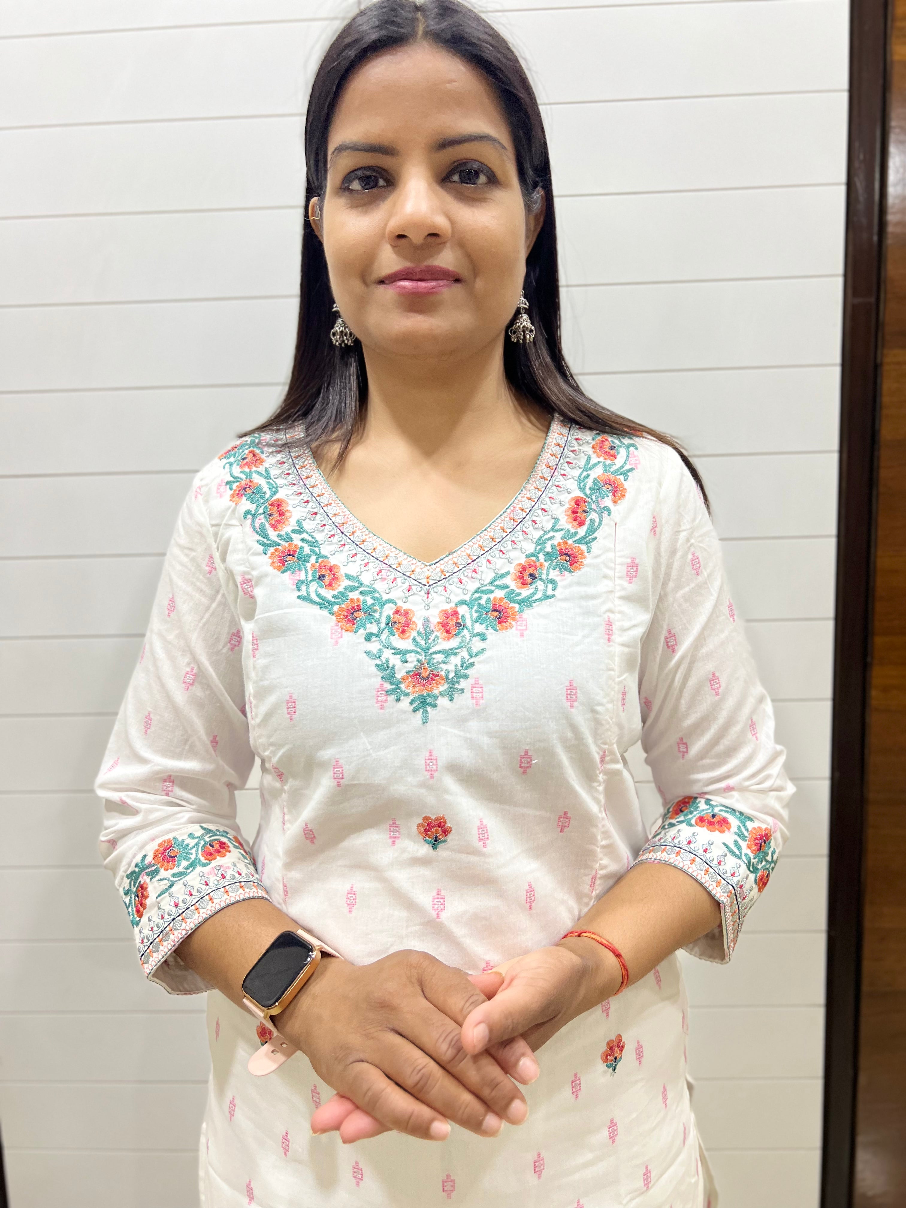 mumzhug white pure cotton embroidered feeding kurta with attached lining