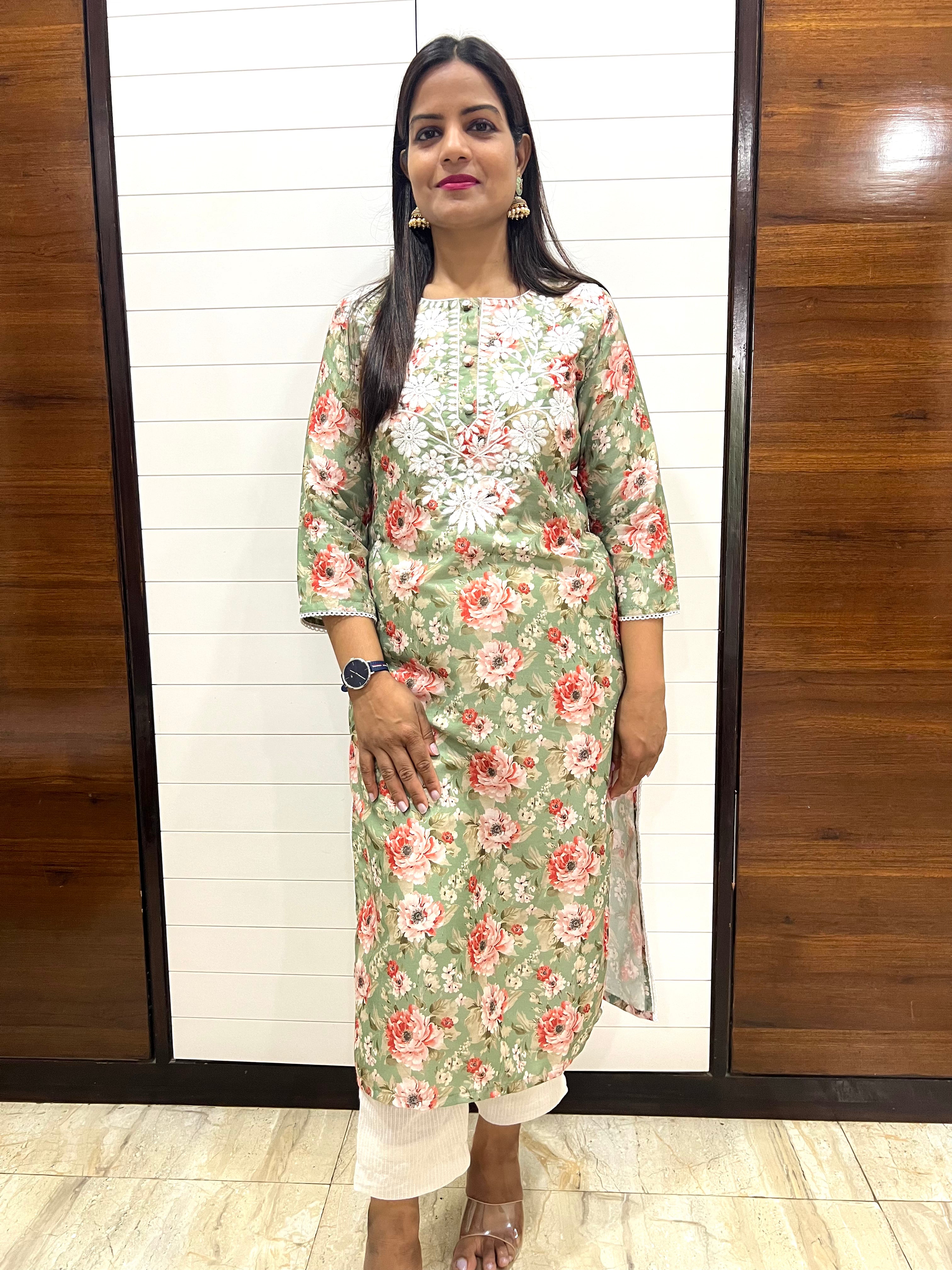 Green Cotton Blend Embroidered Feeding Kurta and Pant Set