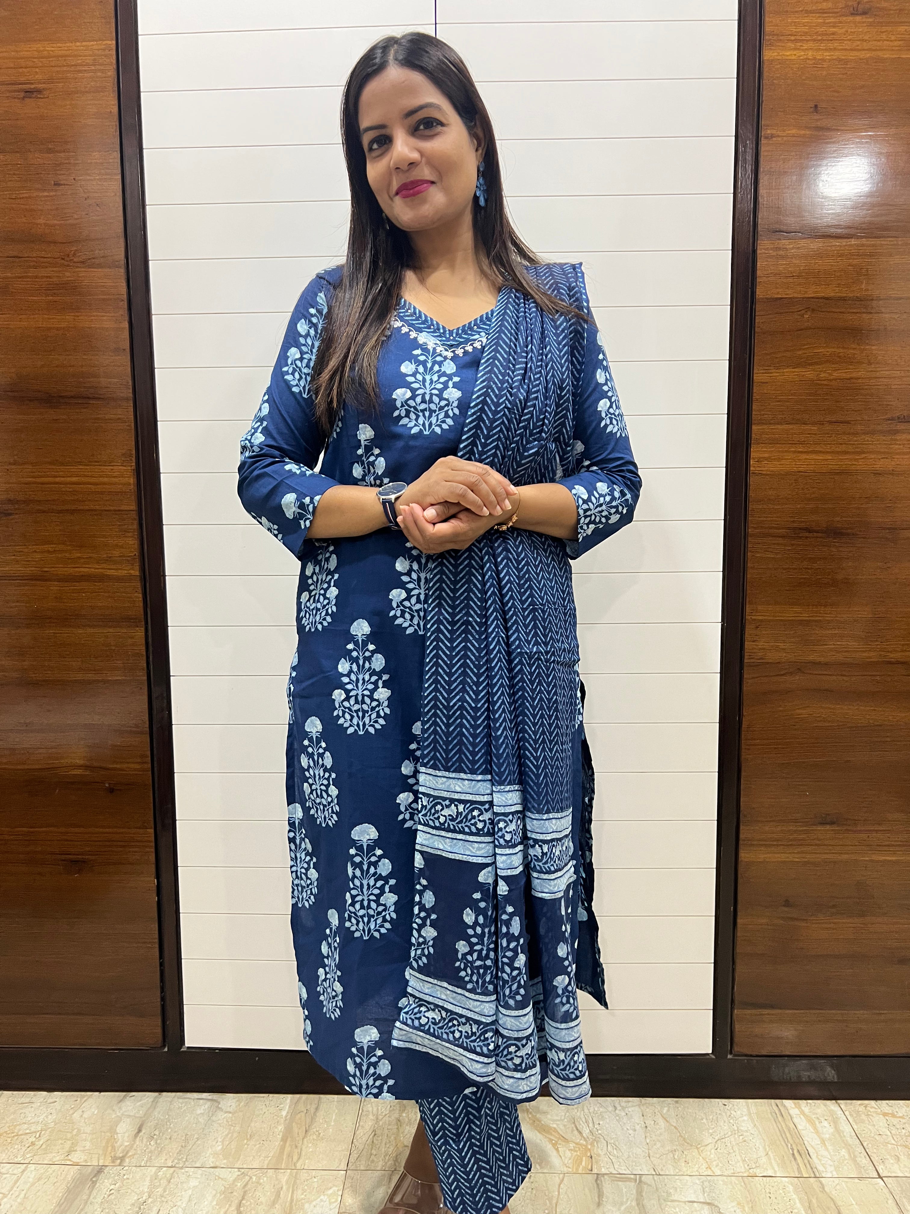 Pure cotton blue colored Feeding kurta pant and dupatta set