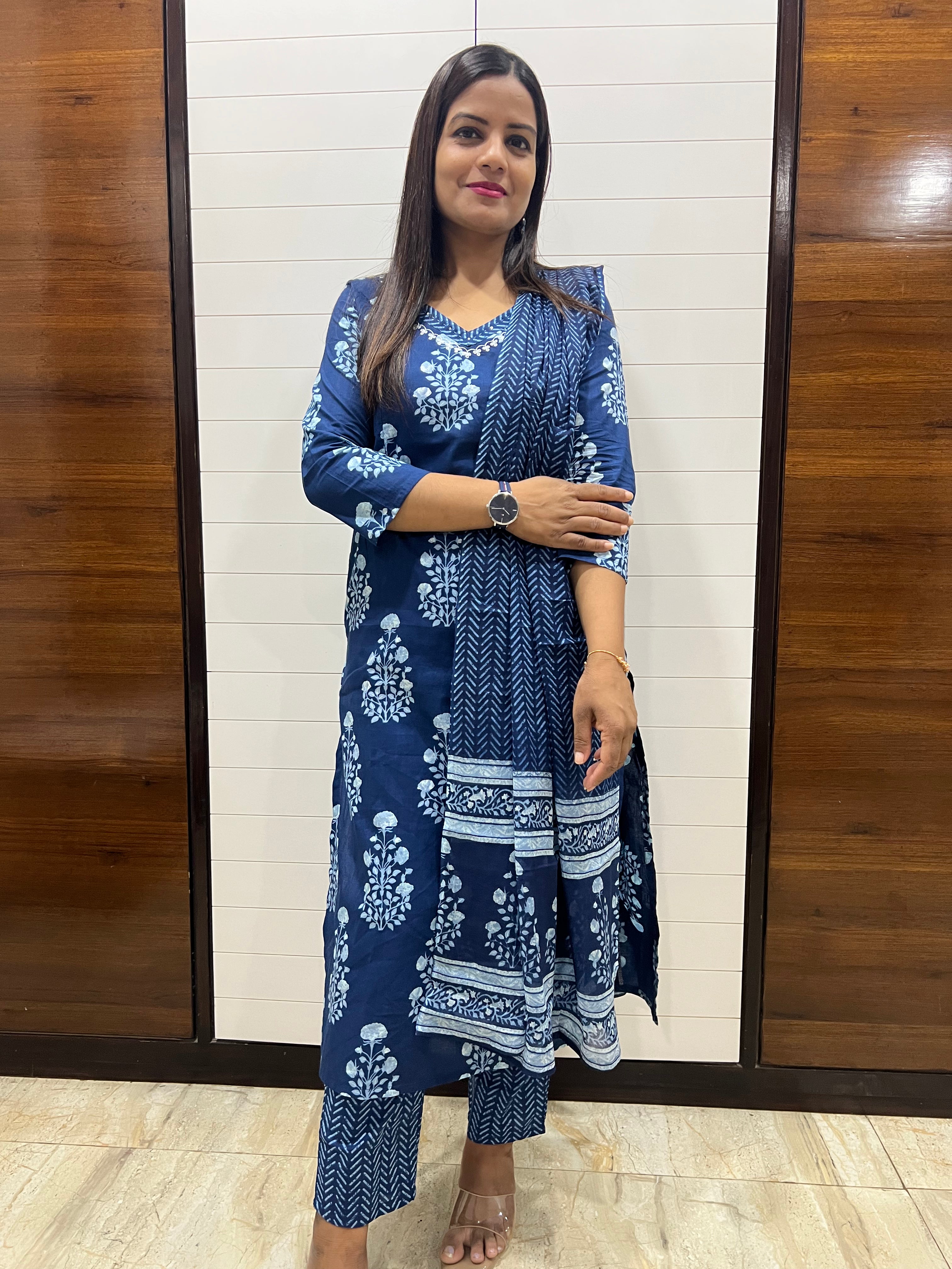 Pure cotton blue colored Feeding kurta pant and dupatta set