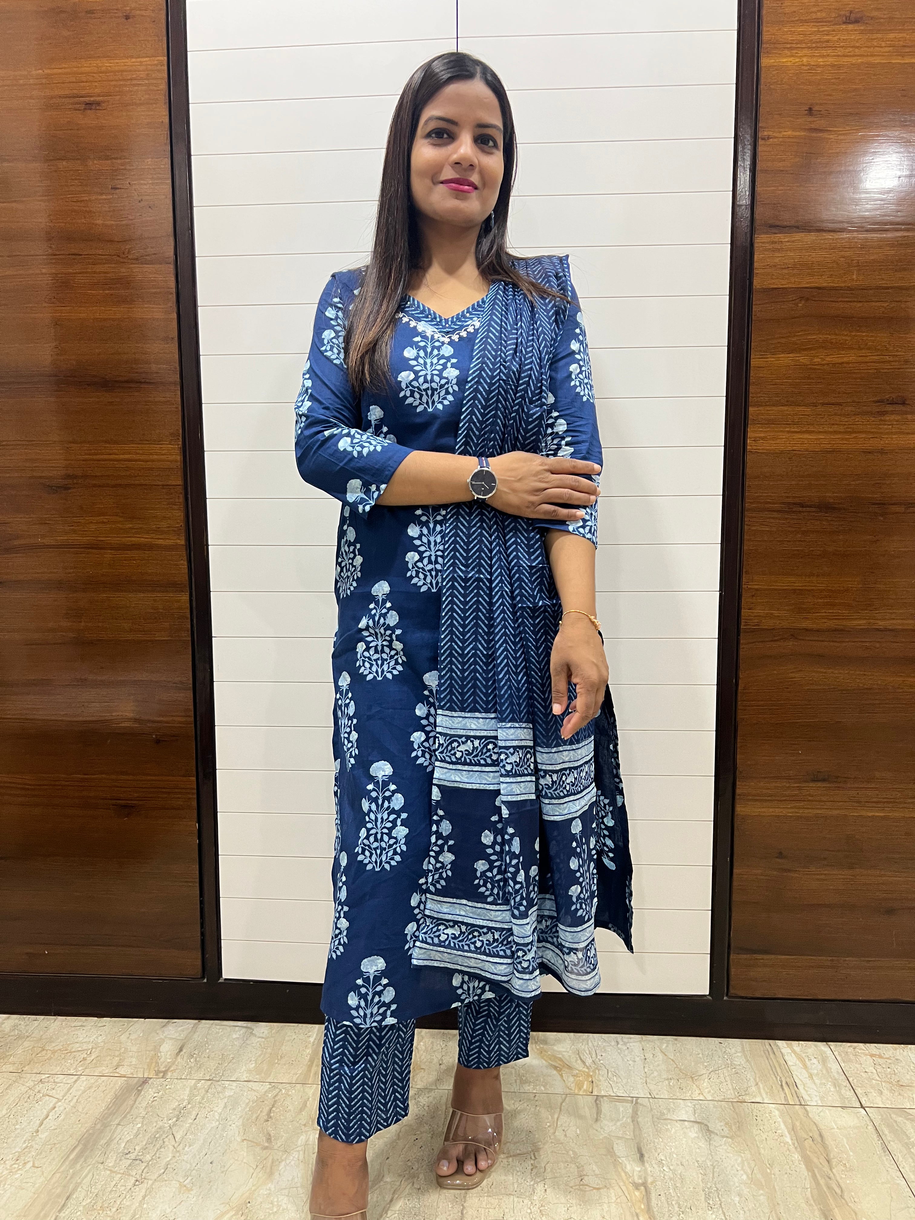 Pure cotton blue colored Feeding kurta pant and dupatta set