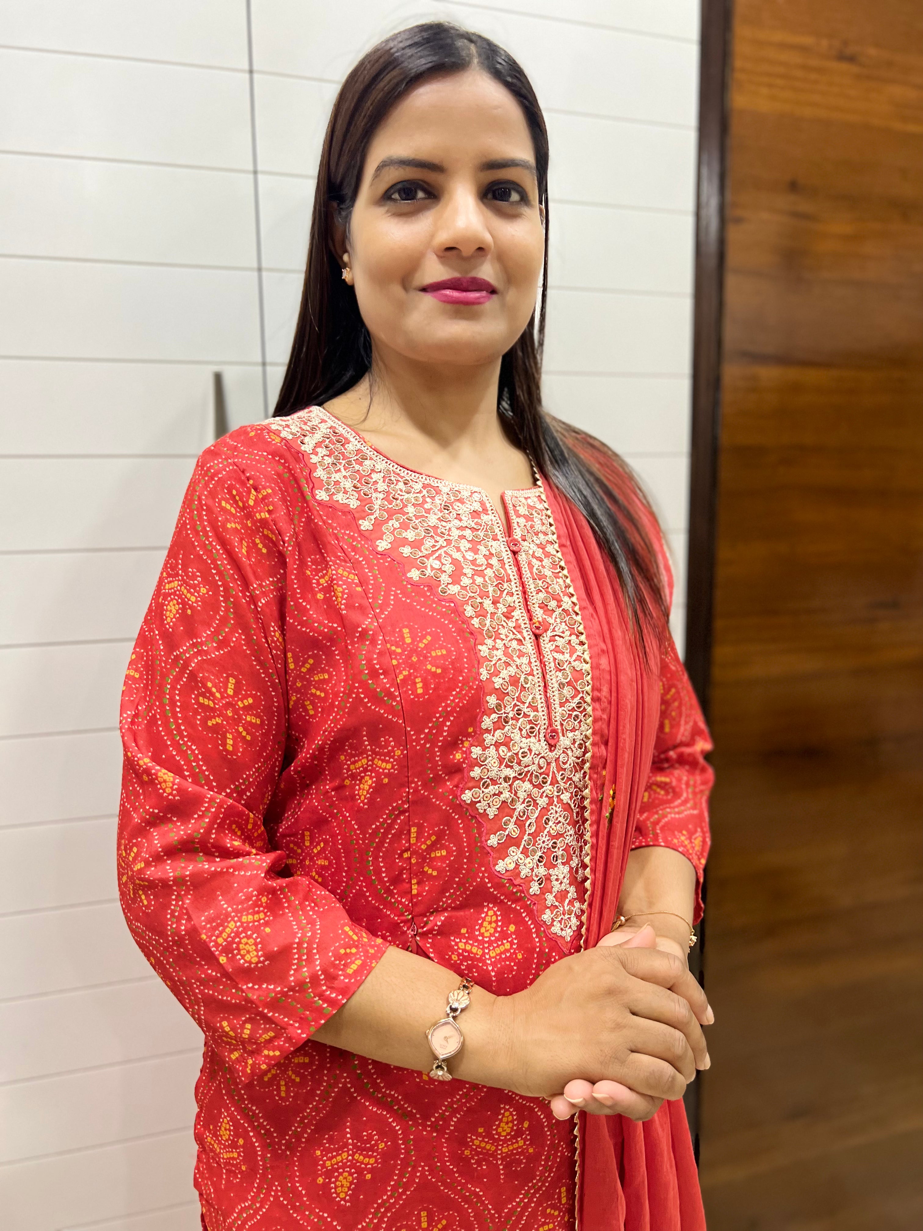 Red Blend Cotton Embroidered Feeding Kurta Pant and Embroidered Dupatta with Attached Lining