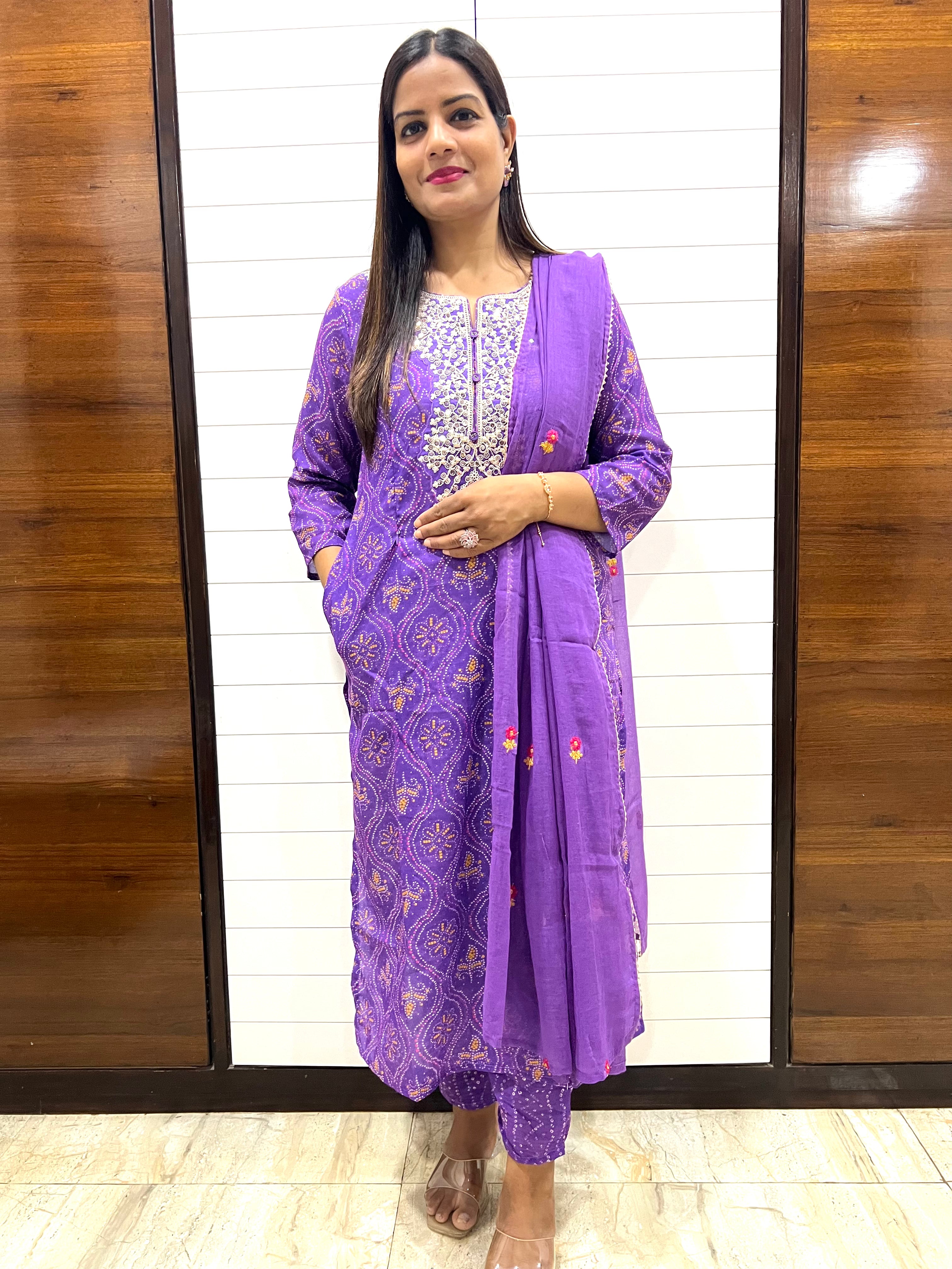 Purple Blend Cotton Embroidered Feeding Kurta Pant and Embroidered Dupatta with Attached Lining