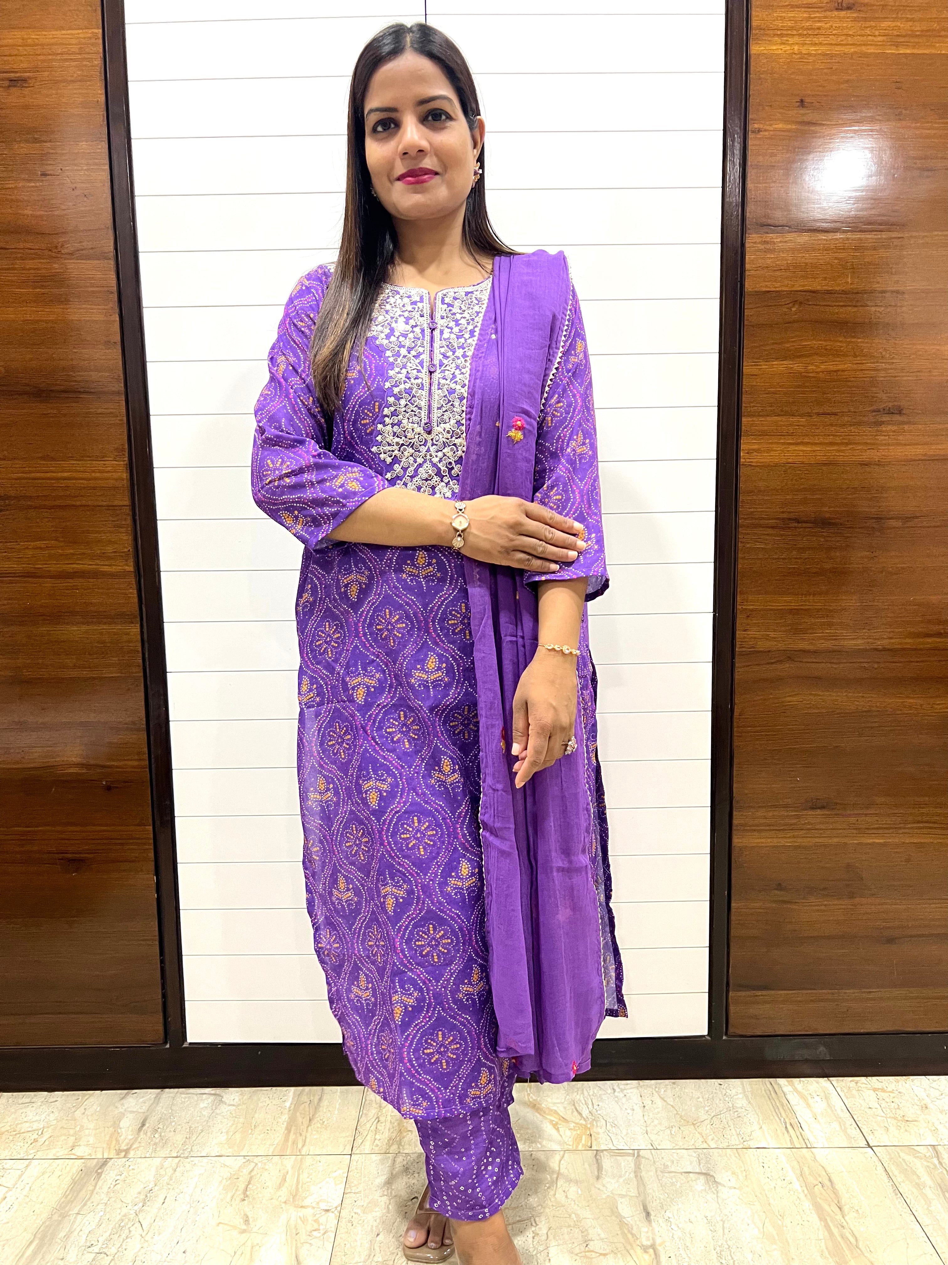 Purple Blend Cotton Embroidered Feeding Kurta Pant and Embroidered Dupatta with Attached Lining