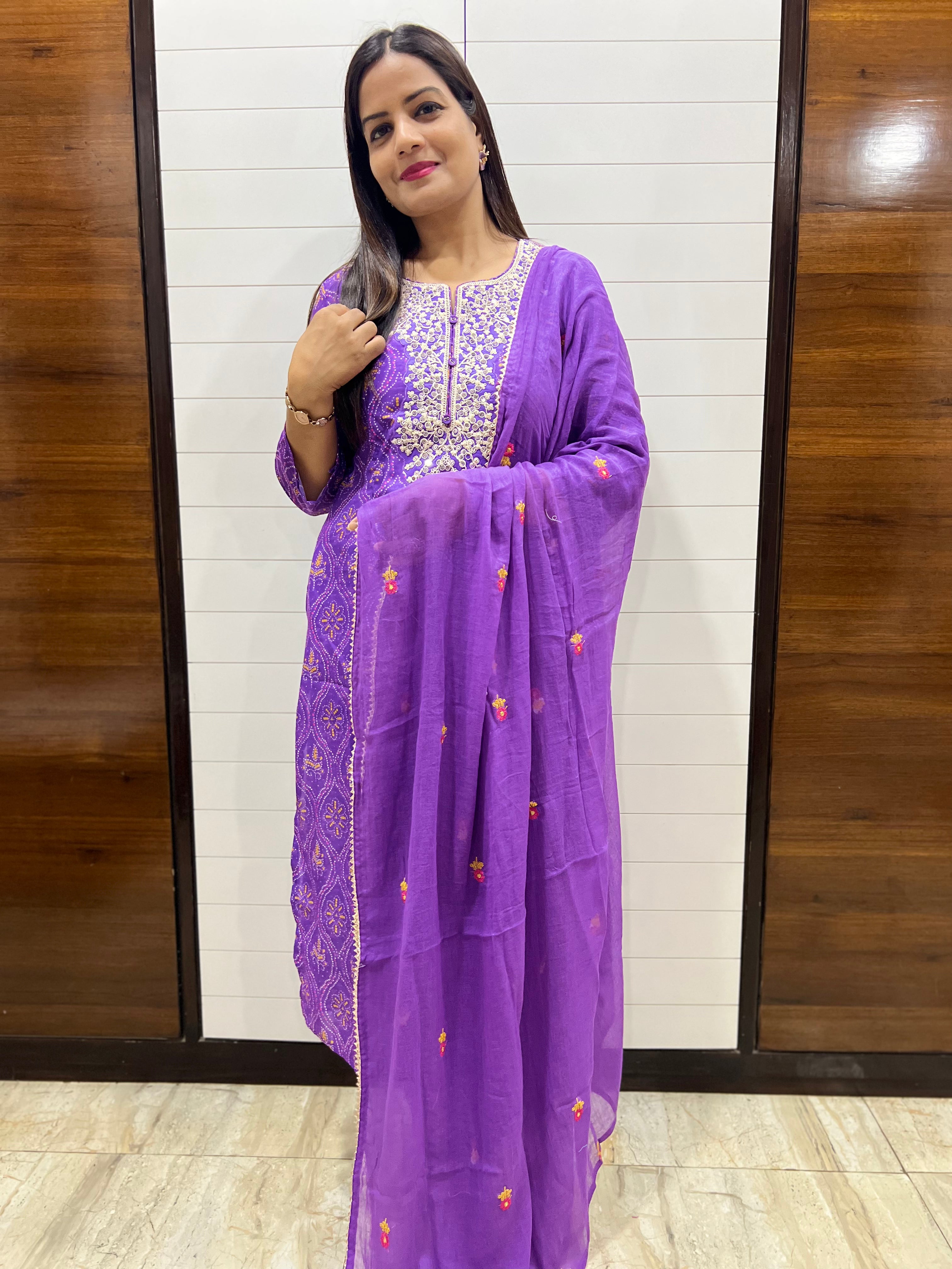 Purple Blend Cotton Embroidered Feeding Kurta Pant and Embroidered Dupatta with Attached Lining