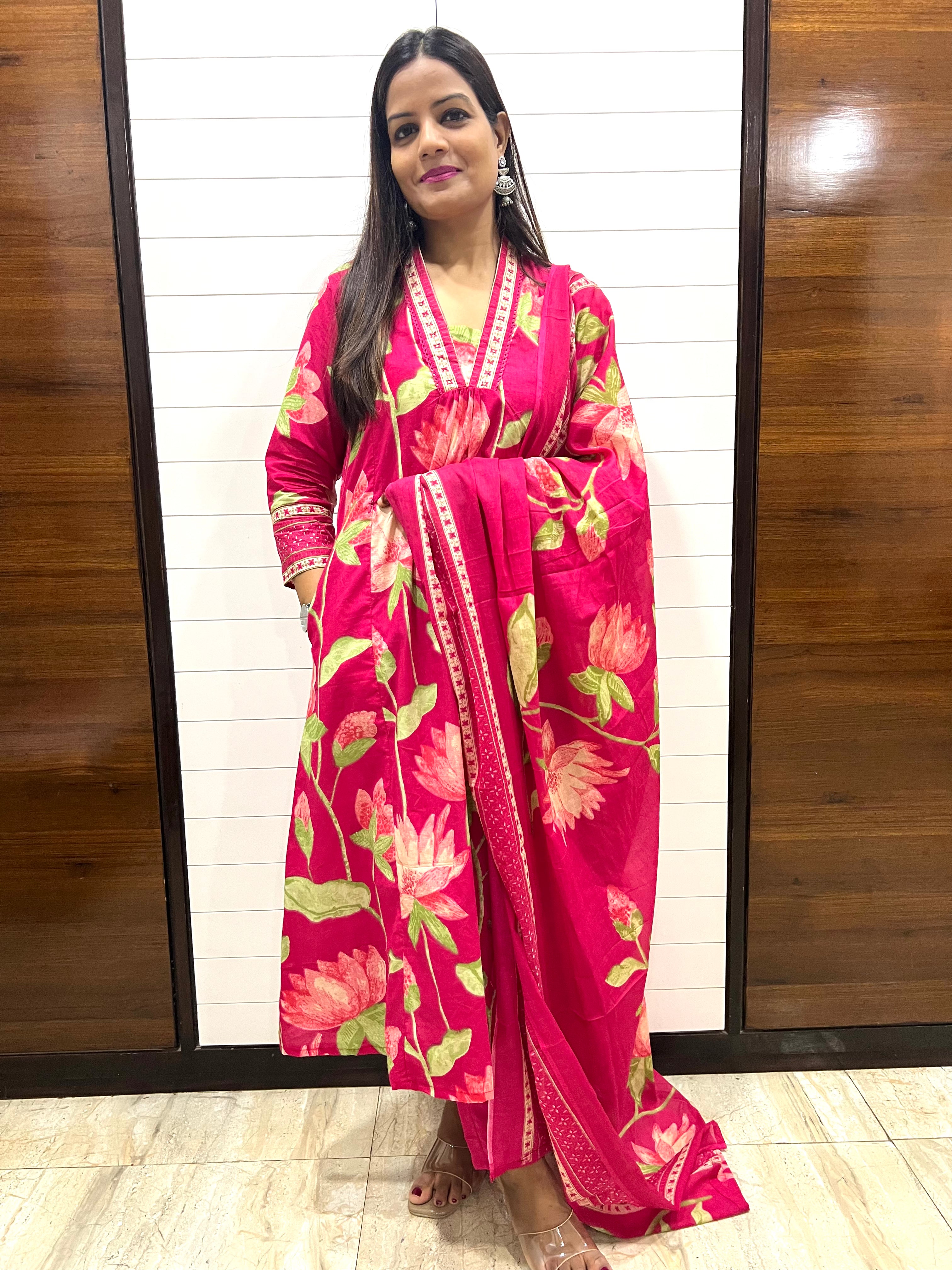 Fuchsia Pure Cotton Feeding and Maternity Kurta Pant and Dupatta Set