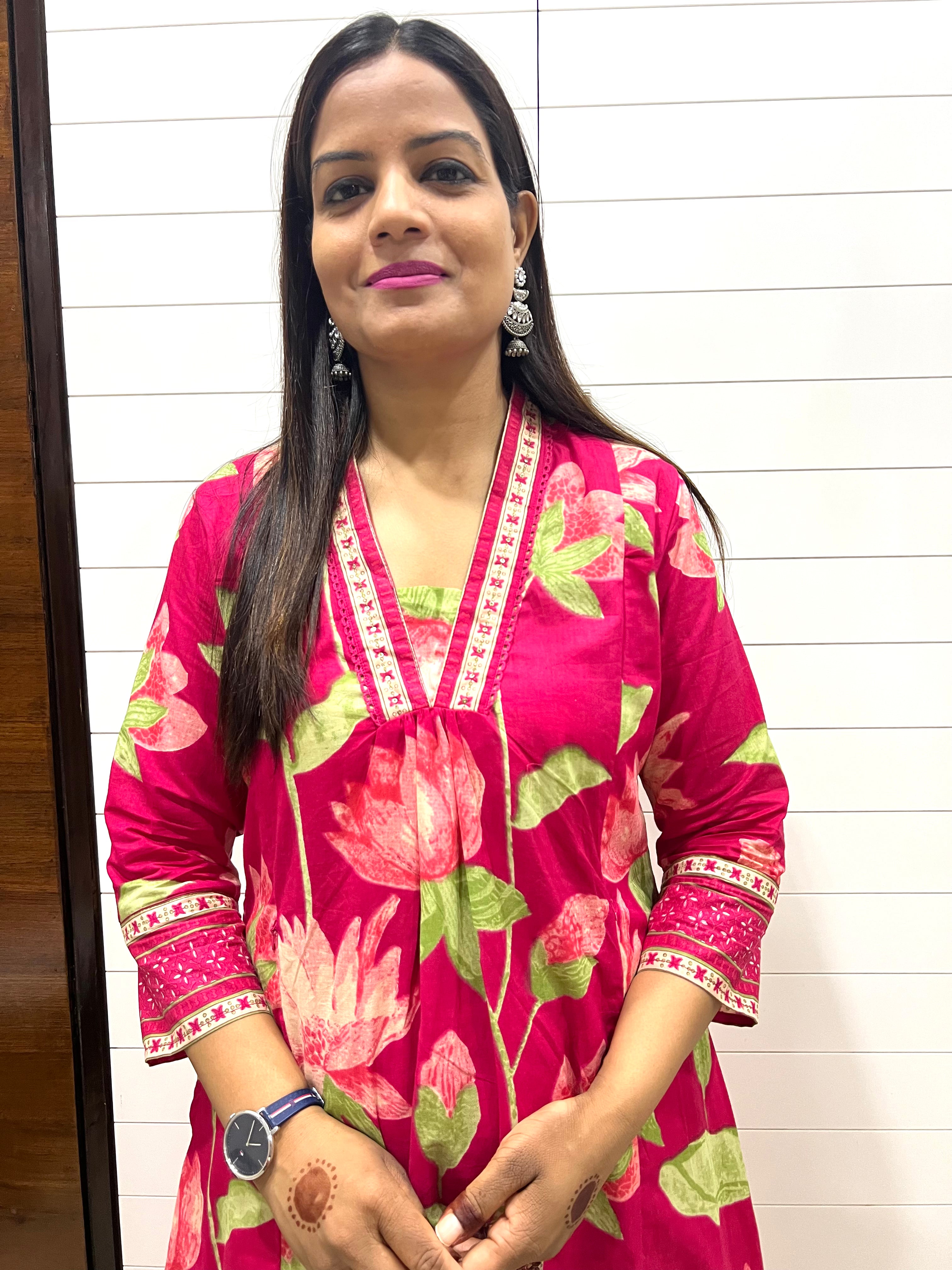 Fuchsia Pure Cotton Feeding and Maternity Kurta Pant and Dupatta Set