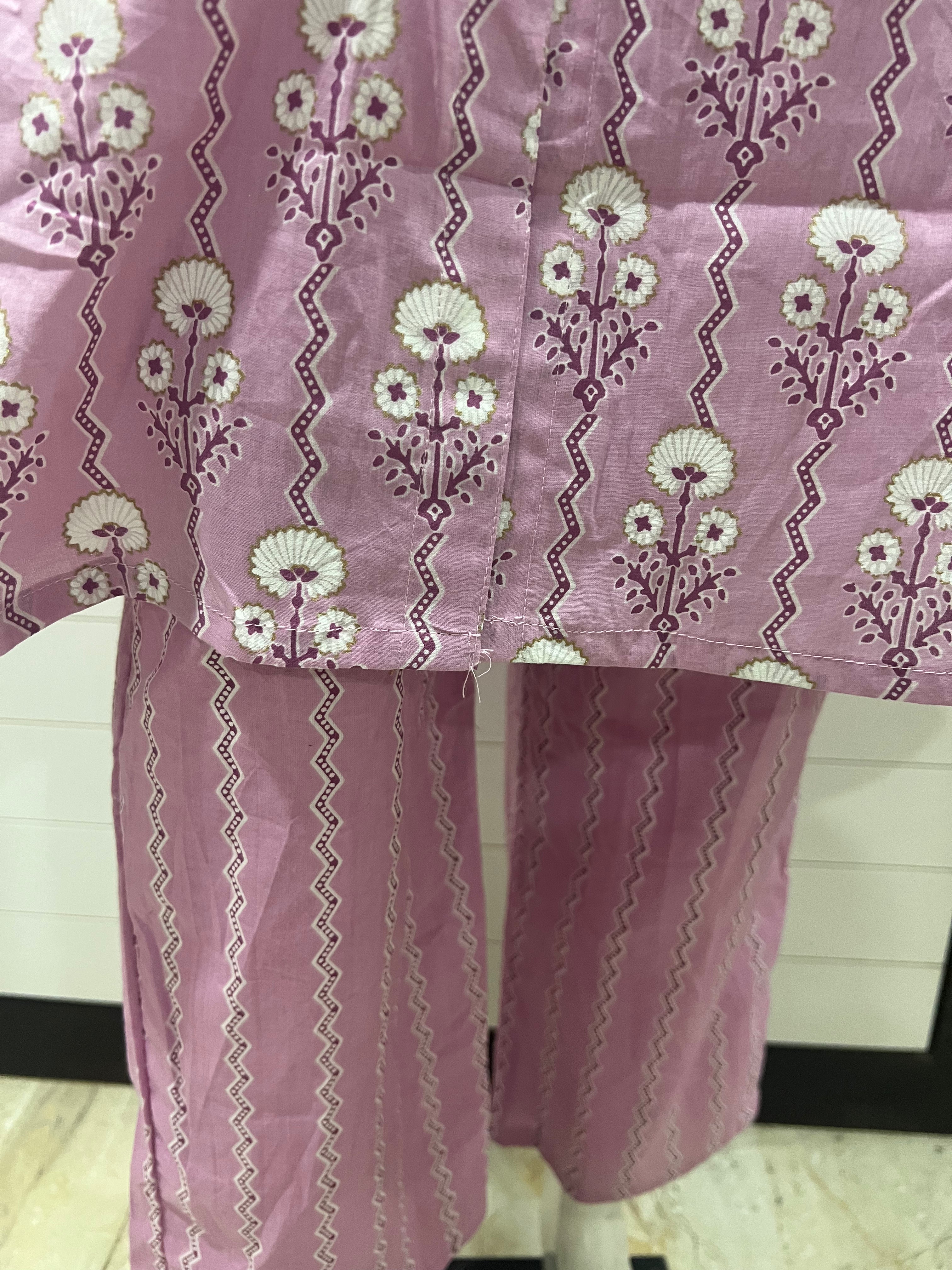 Soft Lavendar Colored Pure Cotton Feeding Kurta Pant set