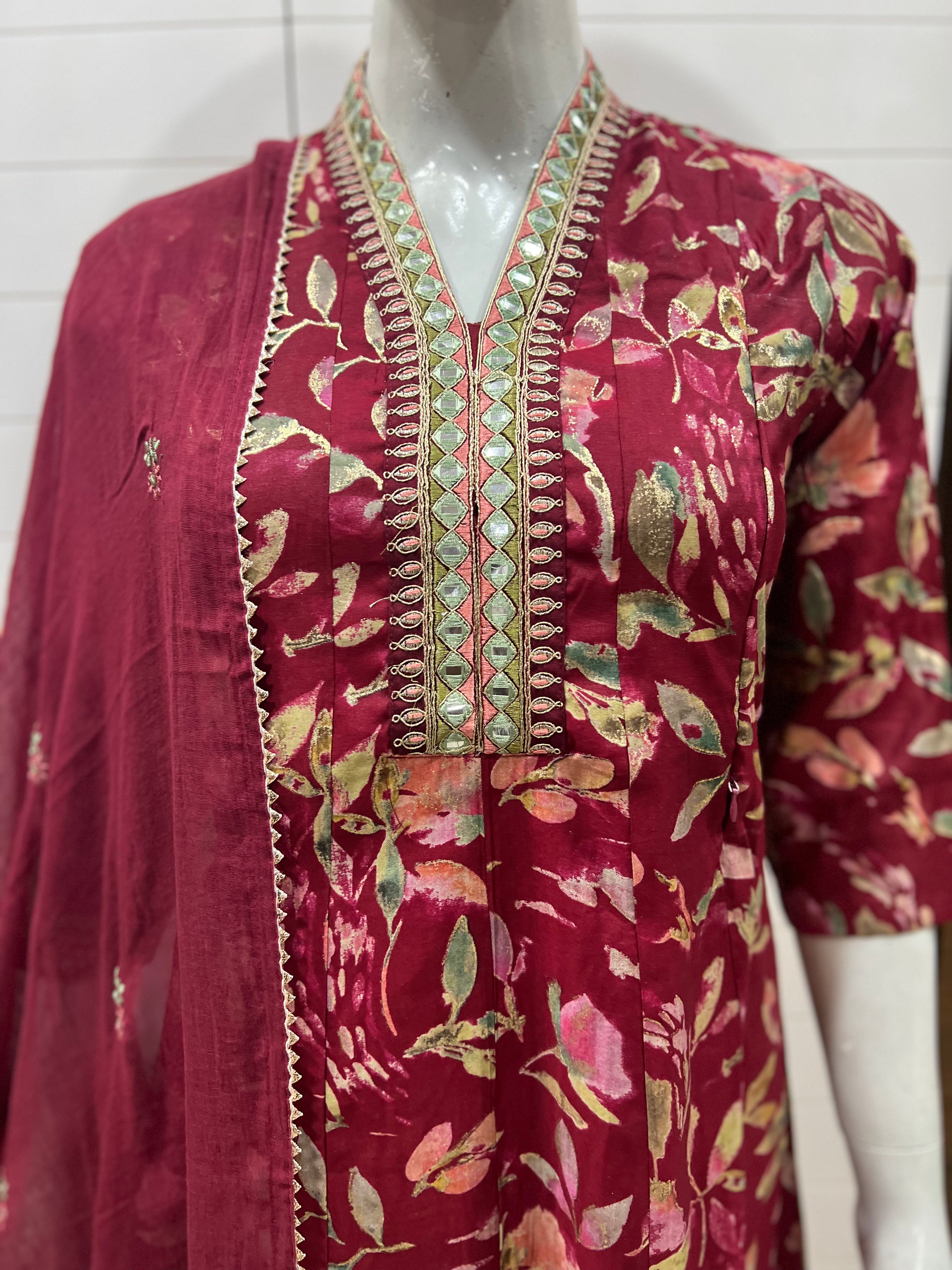 Maslin Cotton Festive Embroidered Feeding Friendly Anarkali Pant and Dupatta Set with Attached Lining