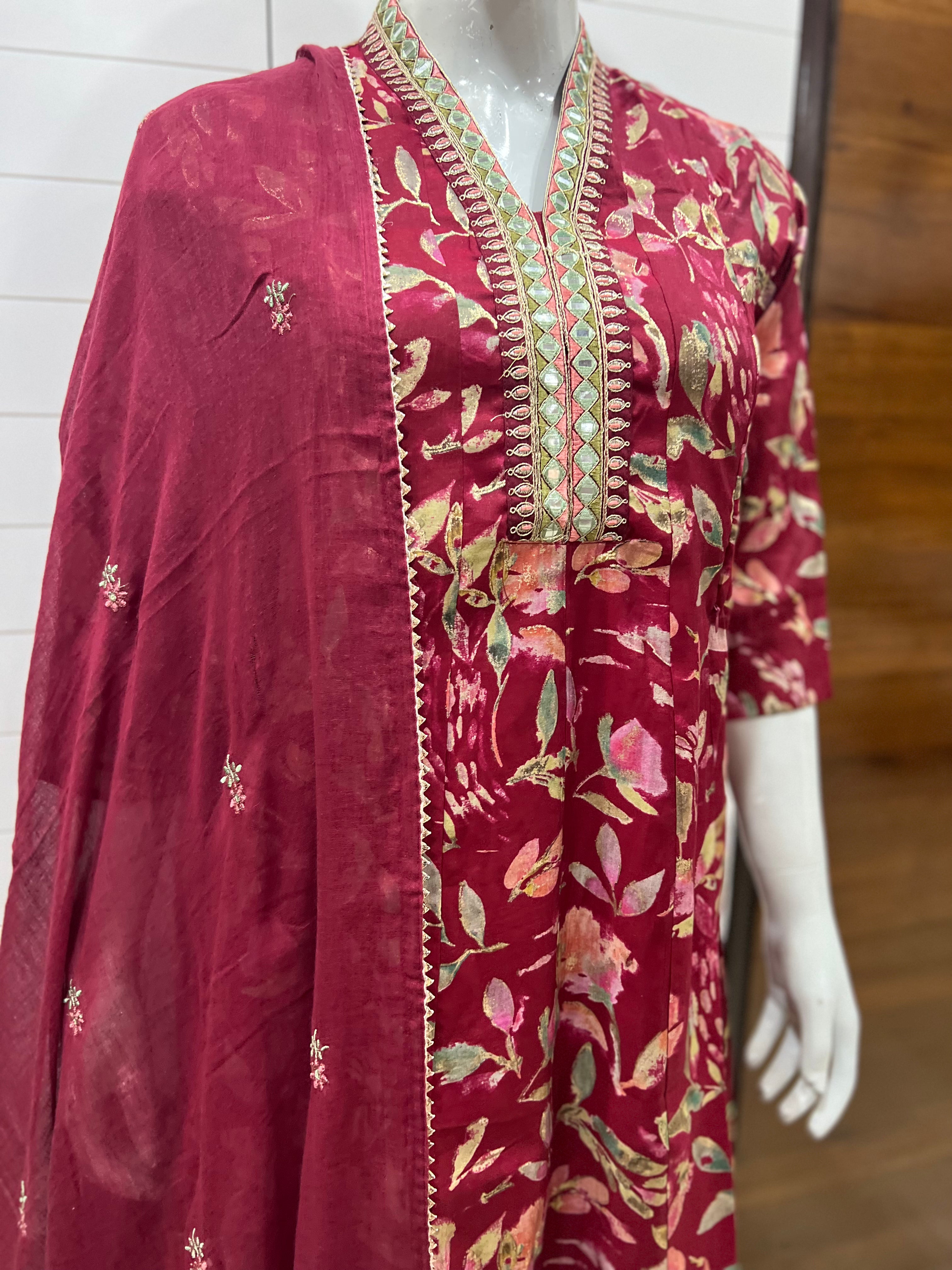 Maslin Cotton Festive Embroidered Feeding Friendly Anarkali Pant and Dupatta Set with Attached Lining