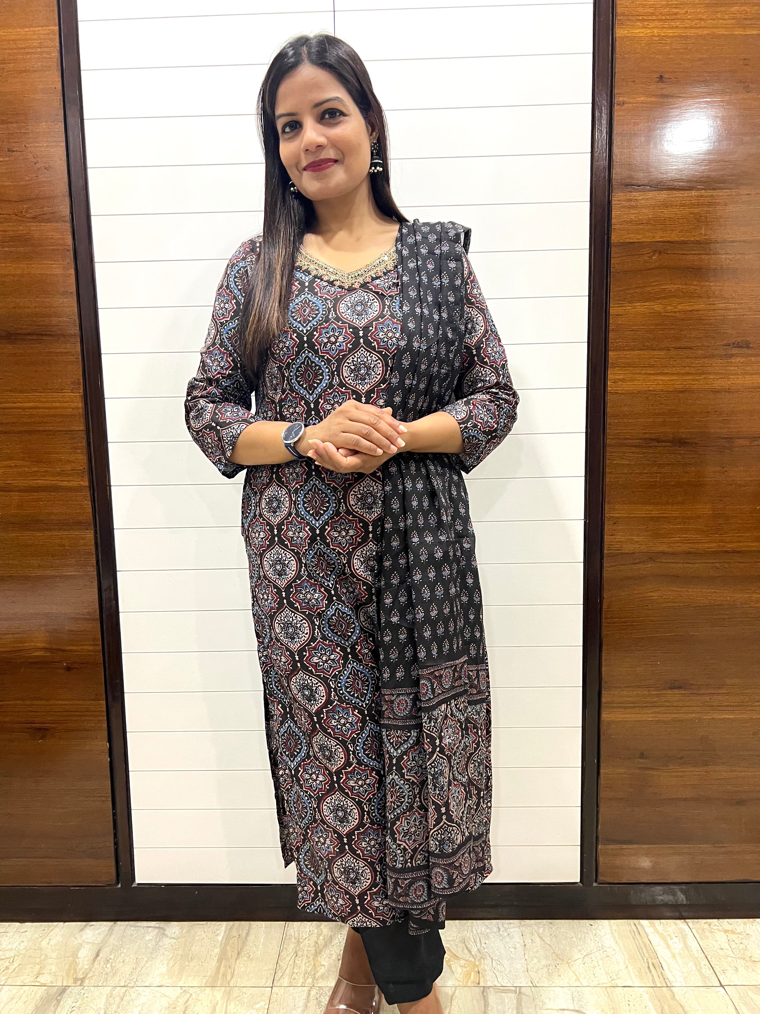 Black Jaipuri Print Pure Cotton Feeding Kurta Pant and Dupatta Set