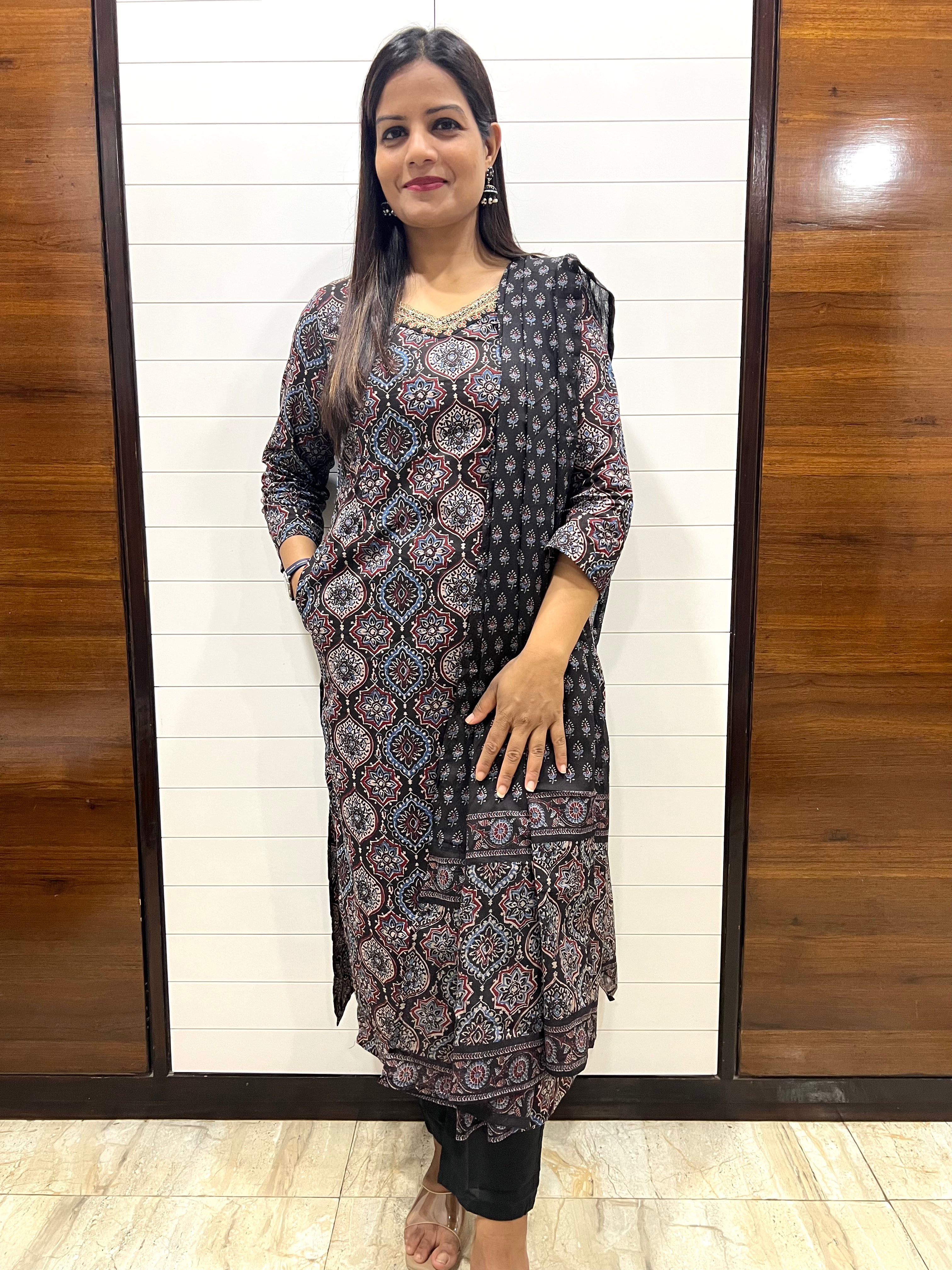Black Jaipuri Print Pure Cotton Feeding Kurta Pant and Dupatta Set