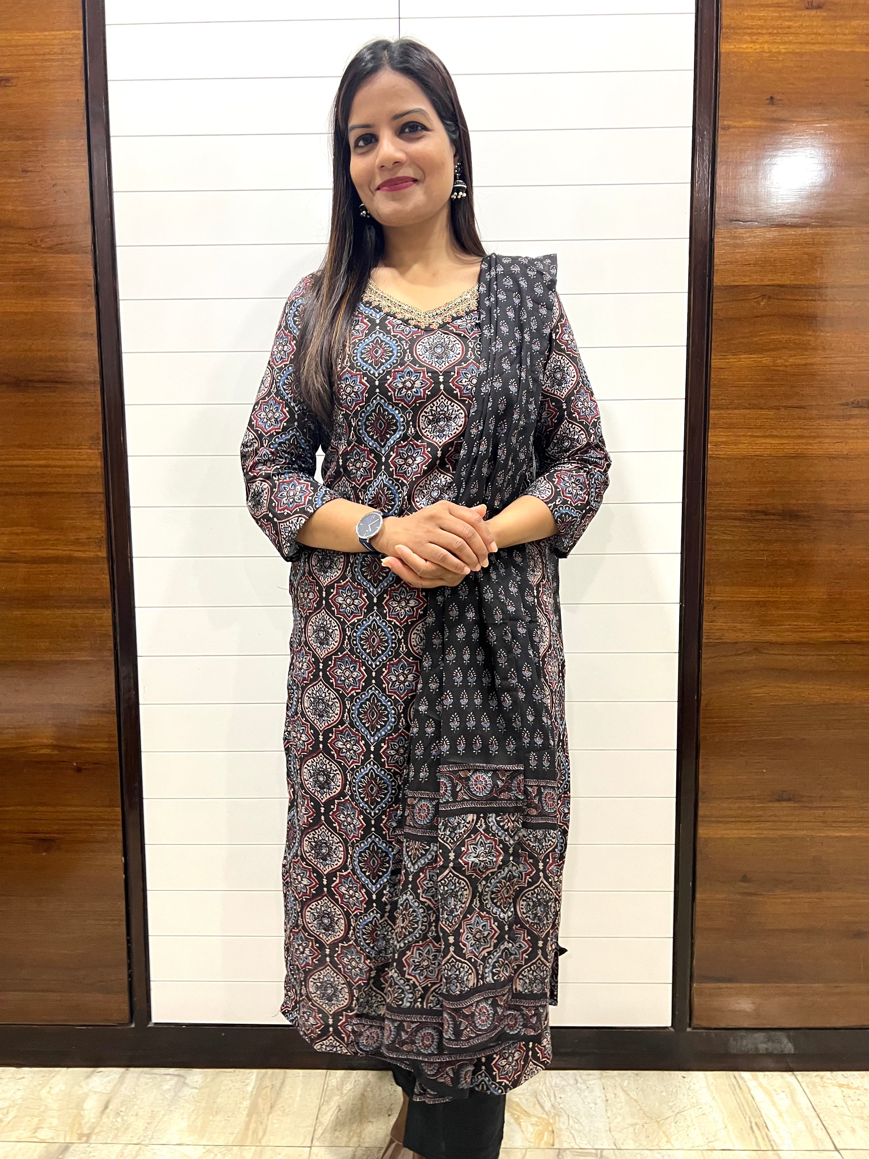 Black Jaipuri Print Pure Cotton Feeding Kurta Pant and Dupatta Set