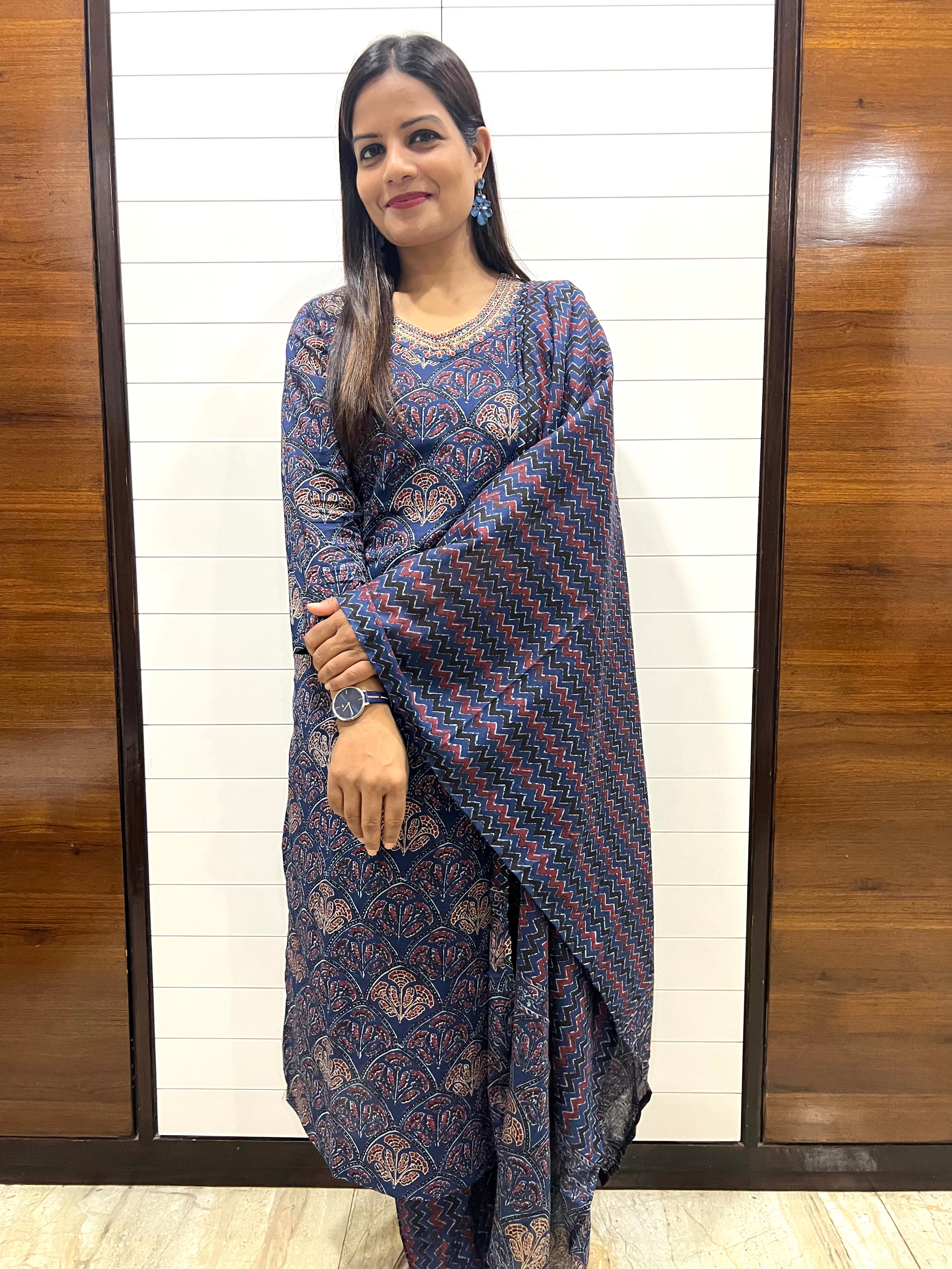Blue Pure Cotton Jaipuri Print Feeding Kurta Pant and Dupatta Set