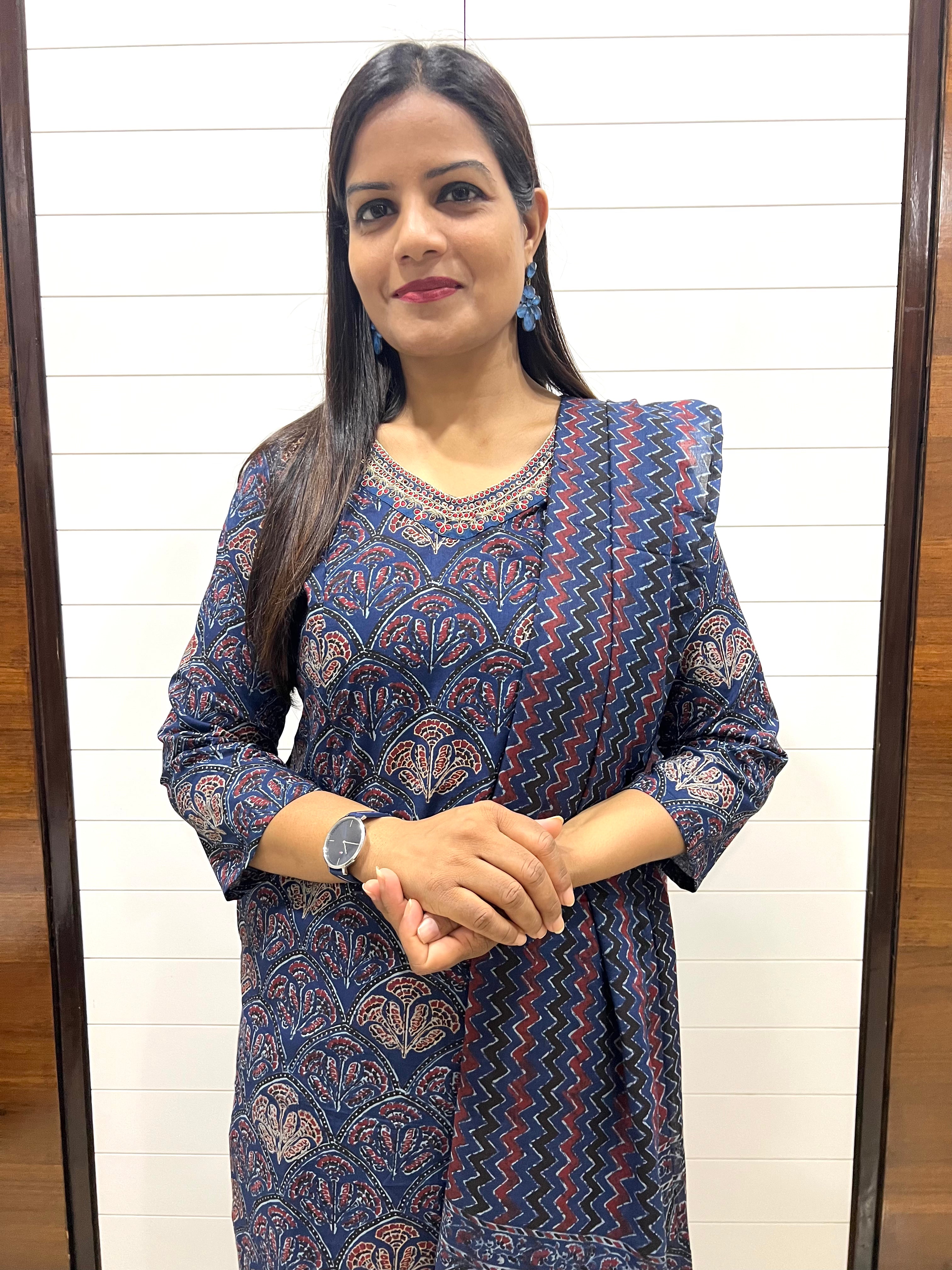 Blue Pure Cotton Jaipuri Print Feeding Kurta Pant and Dupatta Set