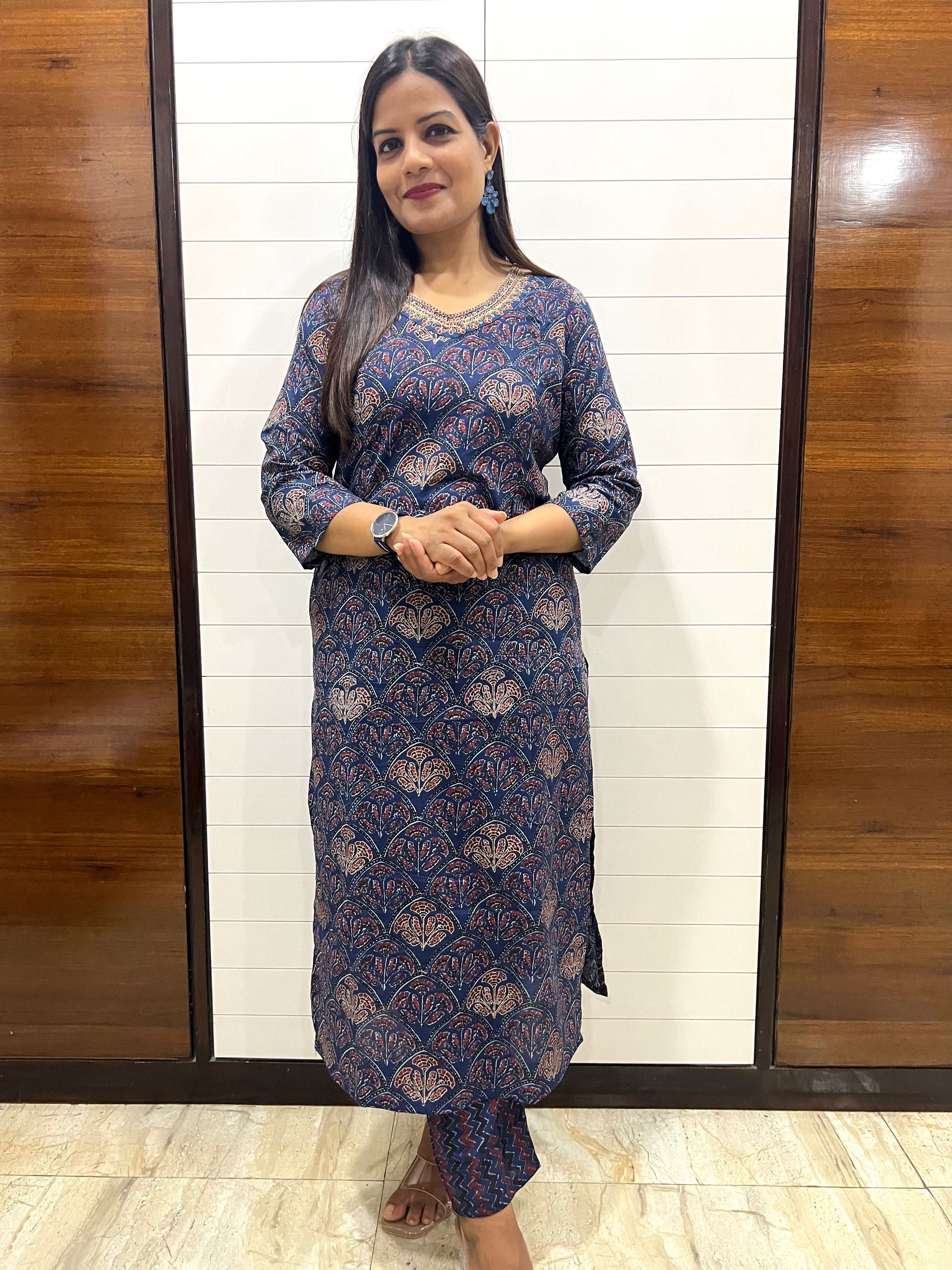 Blue Pure Cotton Jaipuri Print Feeding Kurta Pant and Dupatta Set