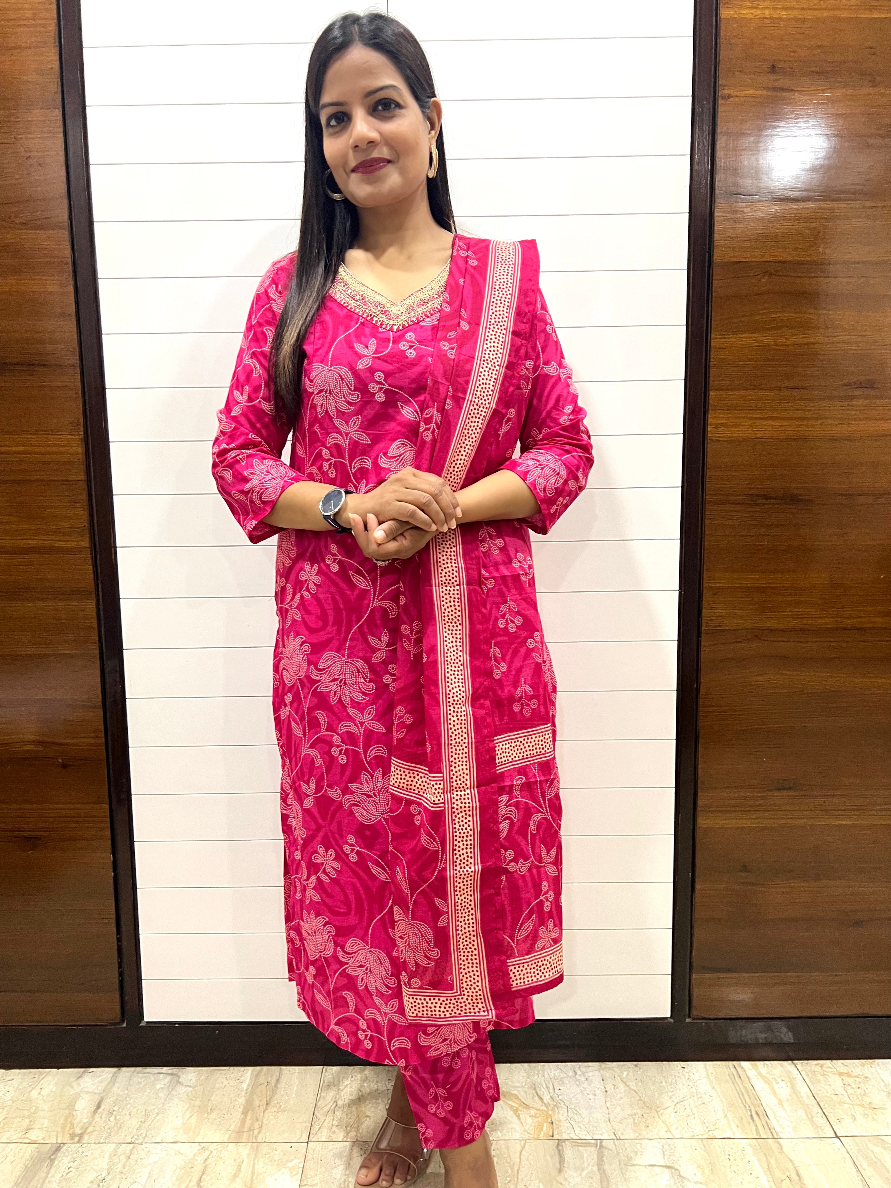 Fuchsia Pure Printed Cotton Feeding Kurta Pant and Dupatta Set