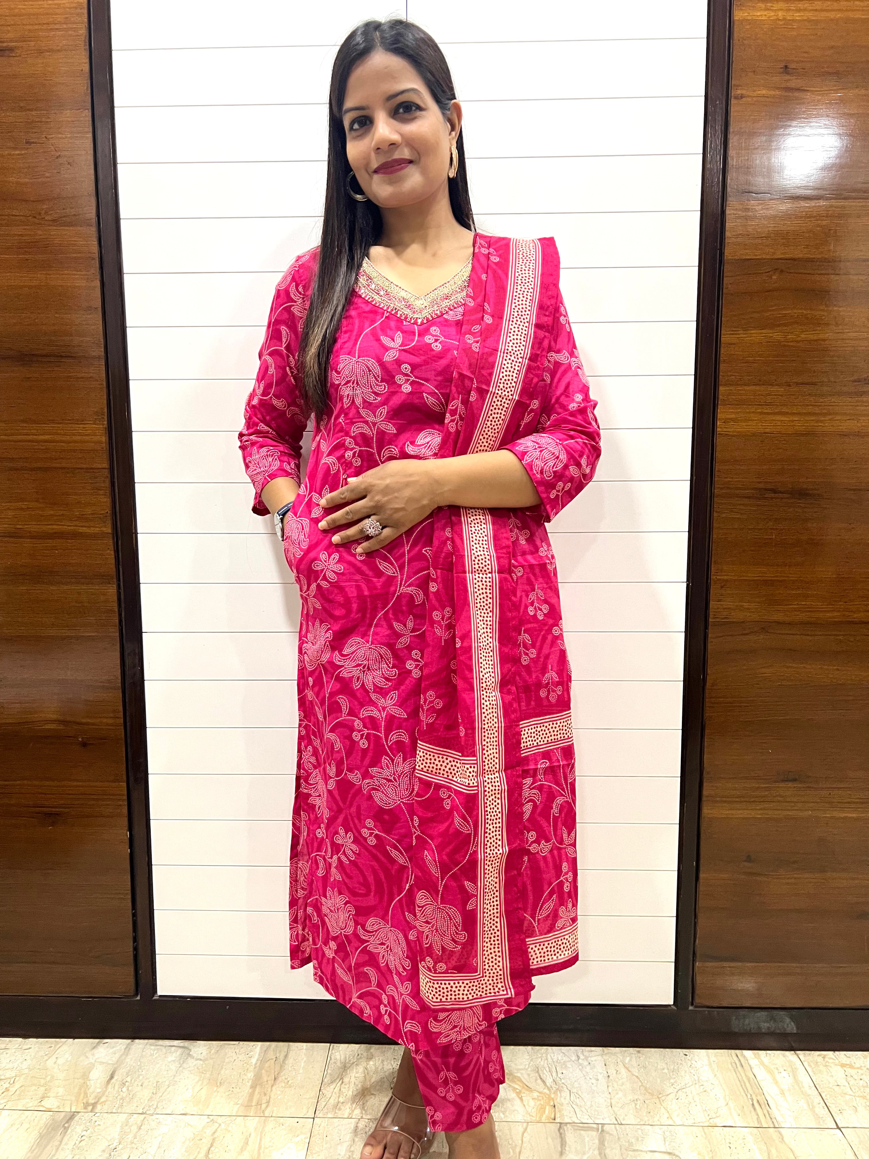 Fuchsia Pure Printed Cotton Feeding Kurta Pant and Dupatta Set