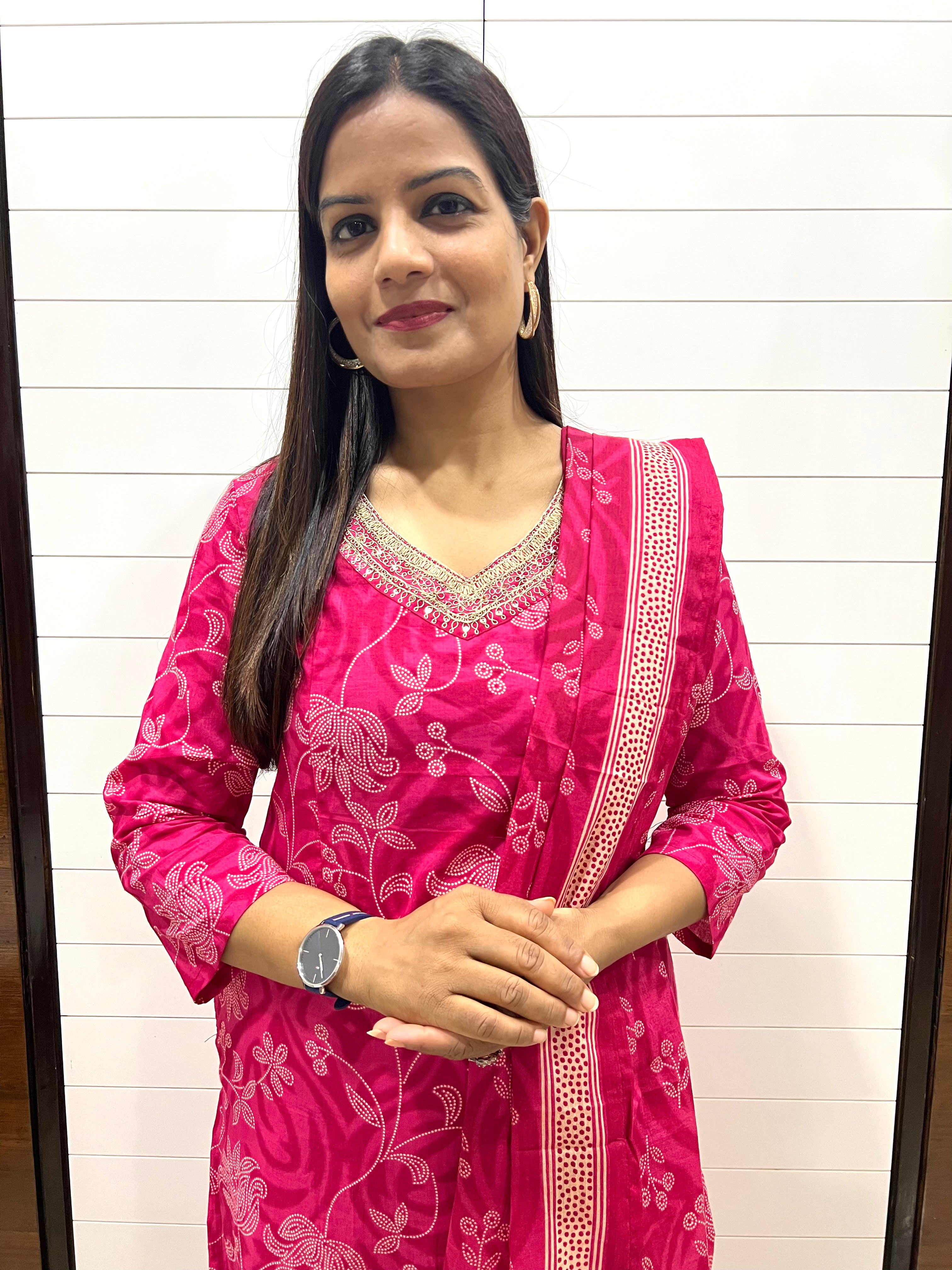 Fuchsia Pure Printed Cotton Feeding Kurta Pant and Dupatta Set