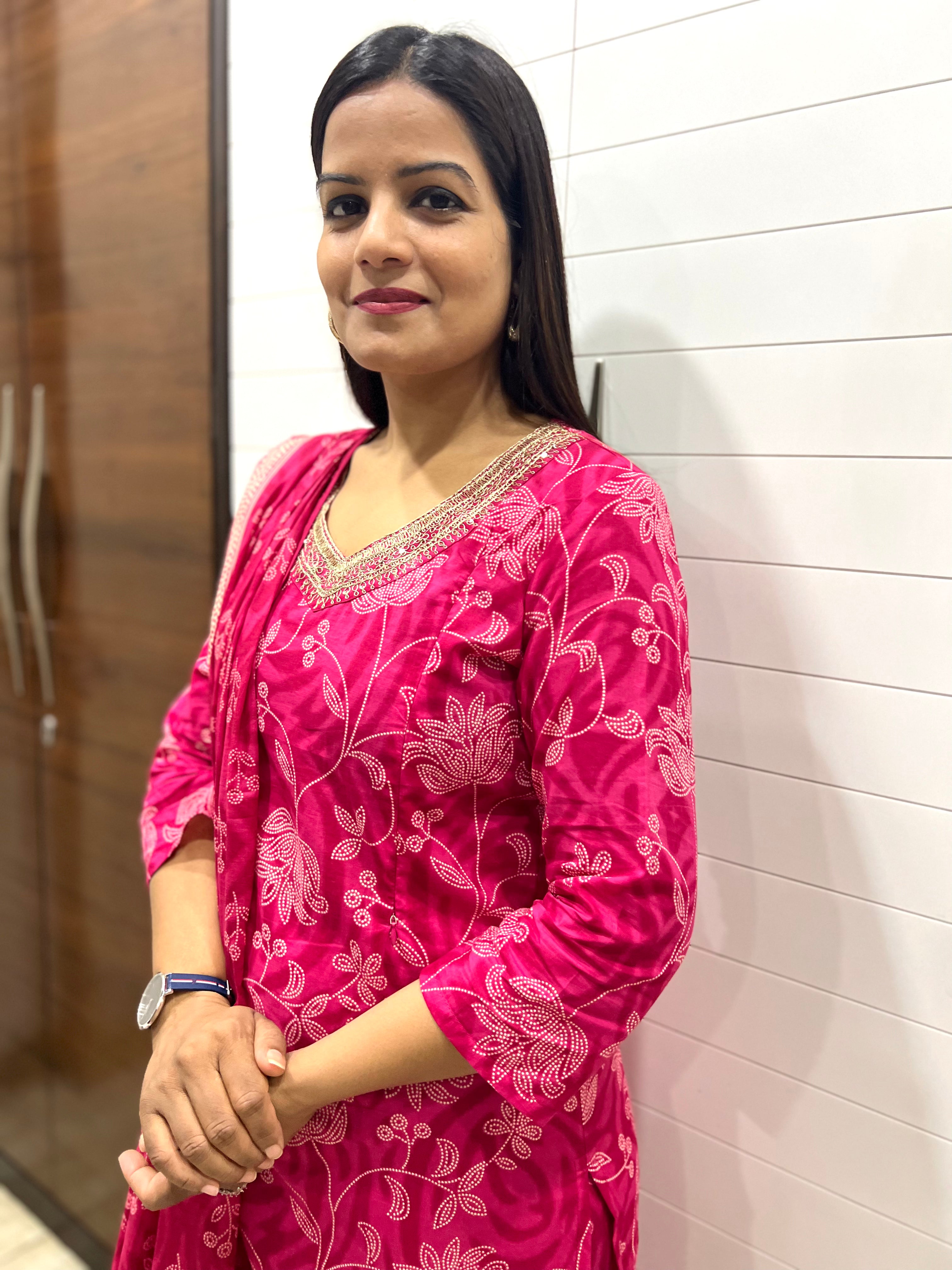 Fuchsia Pure Printed Cotton Feeding Kurta Pant and Dupatta Set