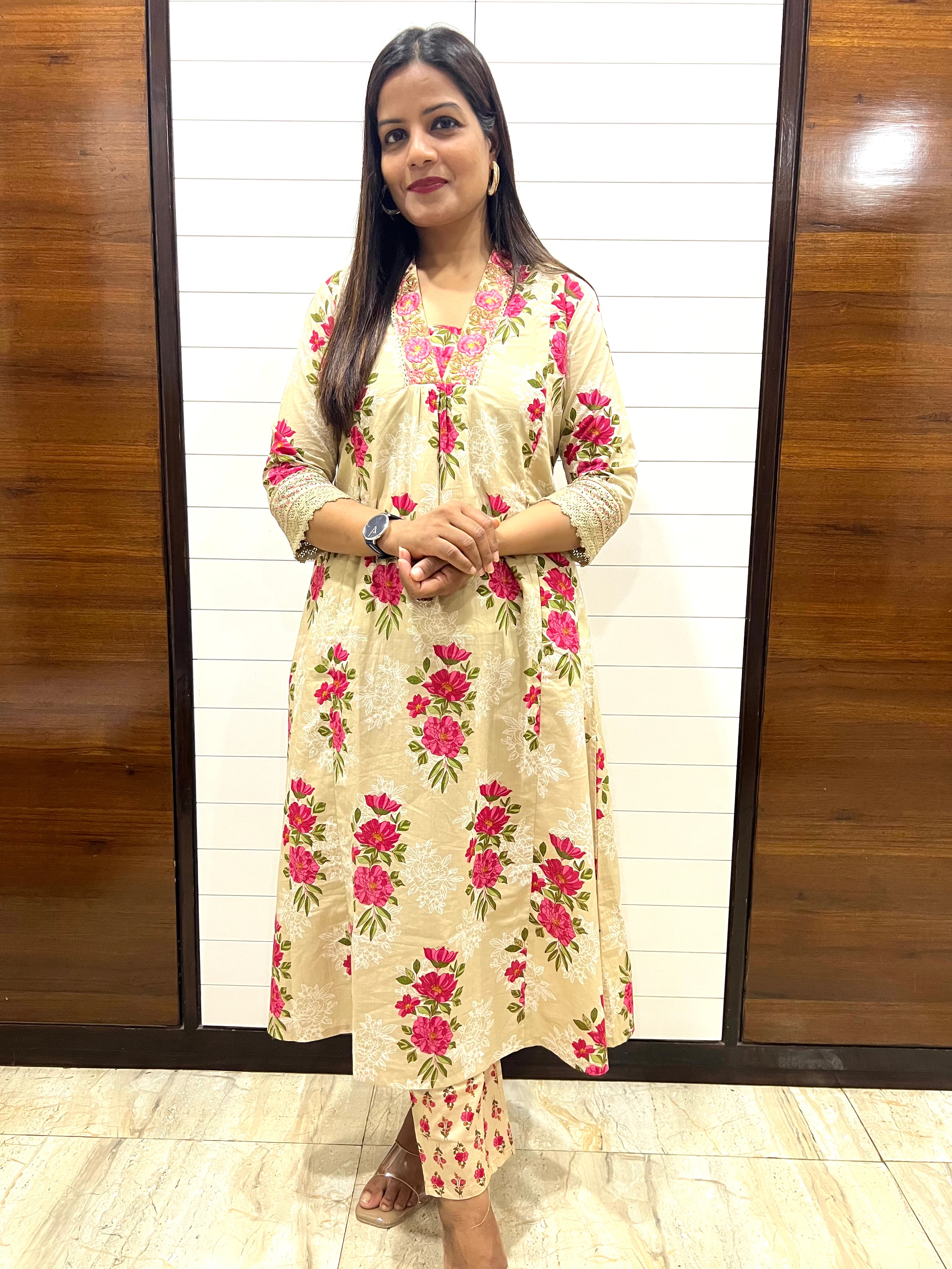 Beige Pure Cotton Embroidered A-Line Kurta Pant and Dupatta Set for Feeding and Maternity Purpose