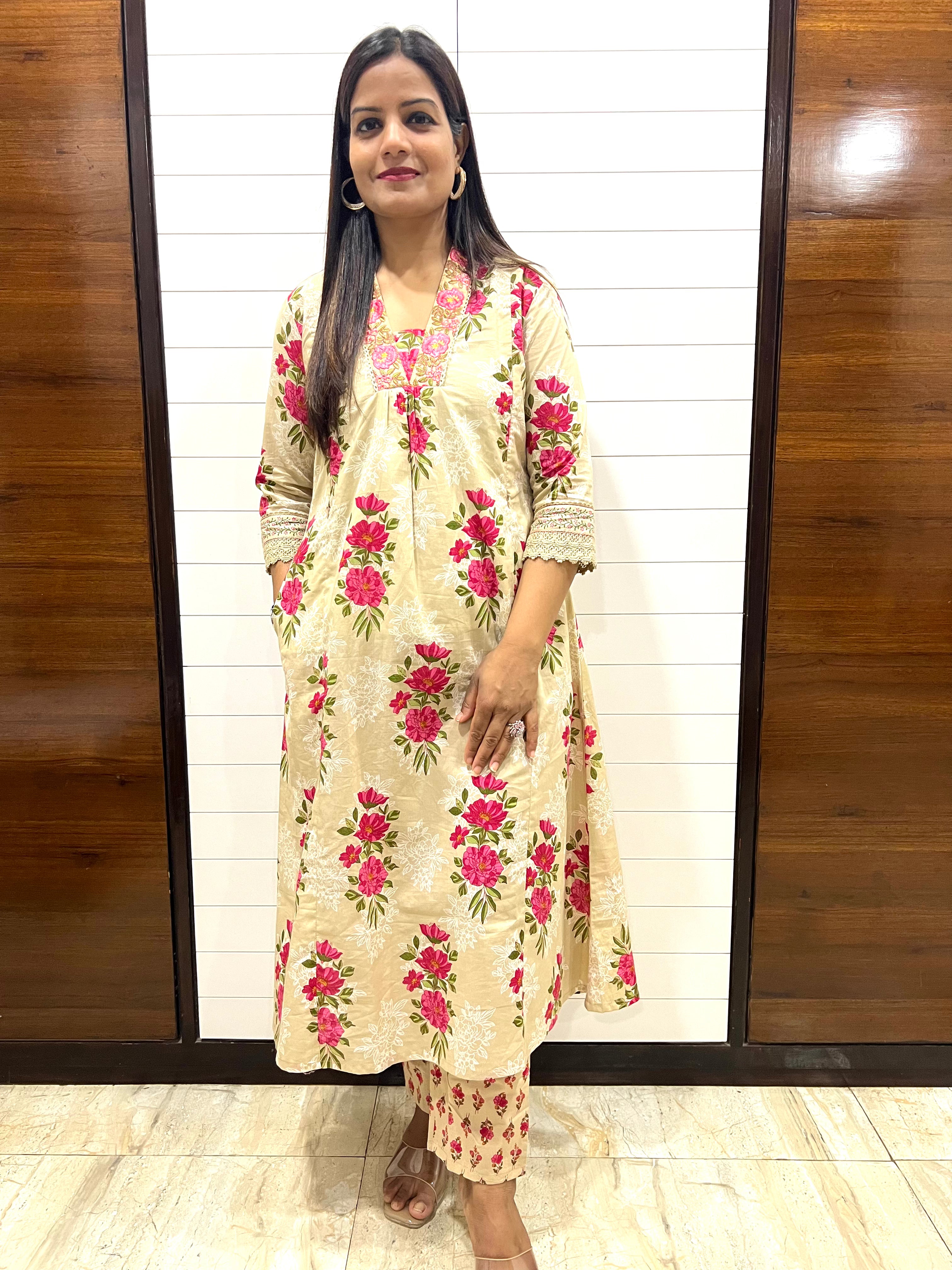 Beige Pure Cotton Embroidered A-Line Kurta Pant and Dupatta Set for Feeding and Maternity Purpose