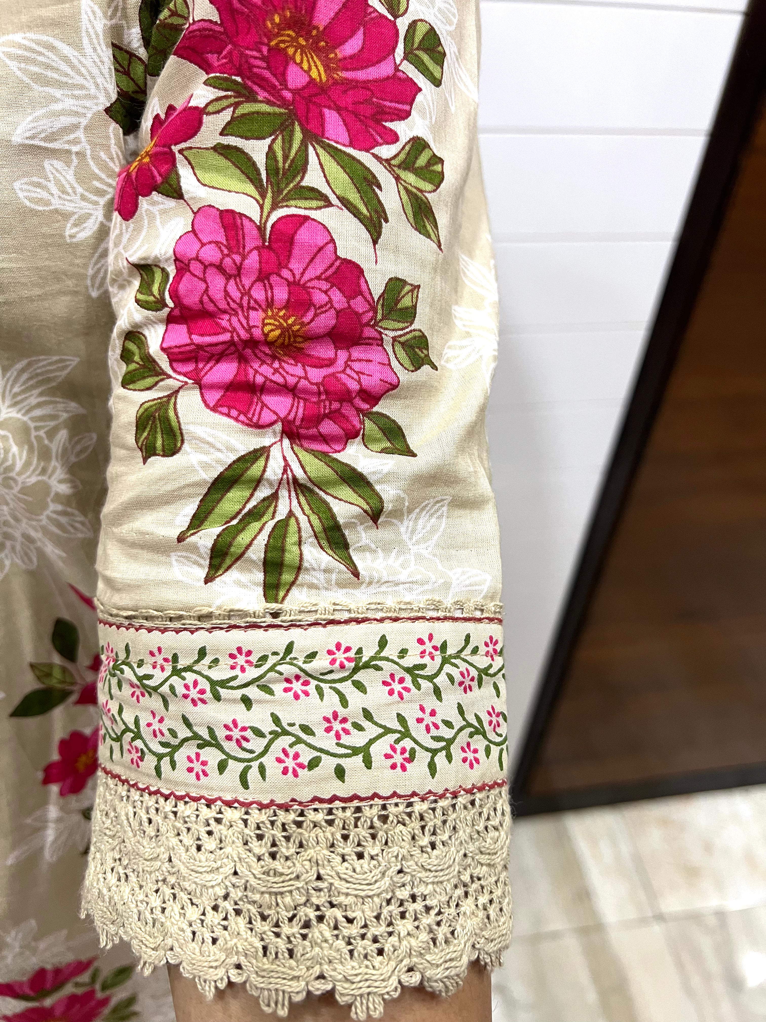 Beige Pure Cotton Embroidered A-Line Kurta Pant and Dupatta Set for Feeding and Maternity Purpose