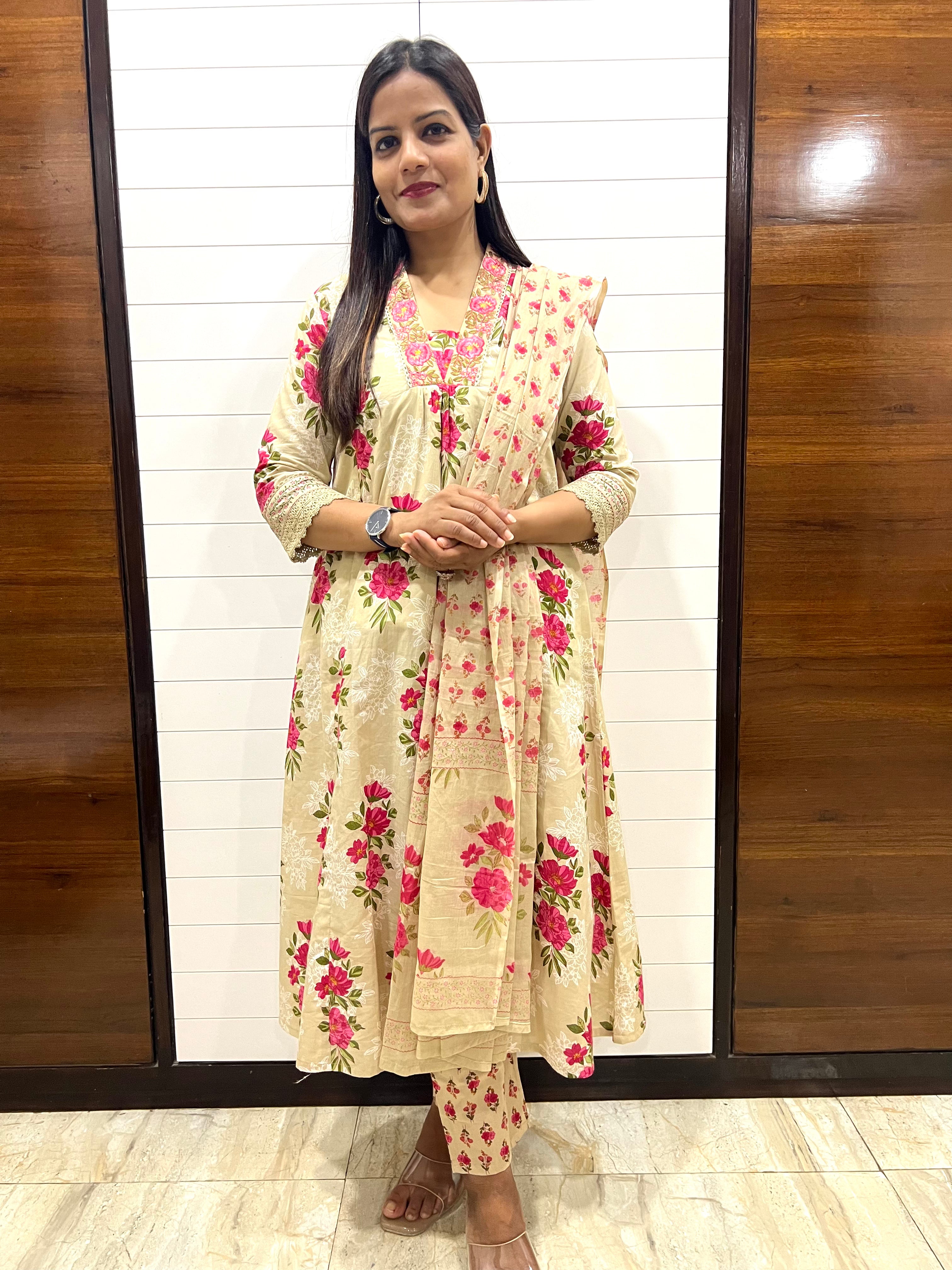 Beige Pure Cotton Embroidered A-Line Kurta Pant and Dupatta Set for Feeding and Maternity Purpose
