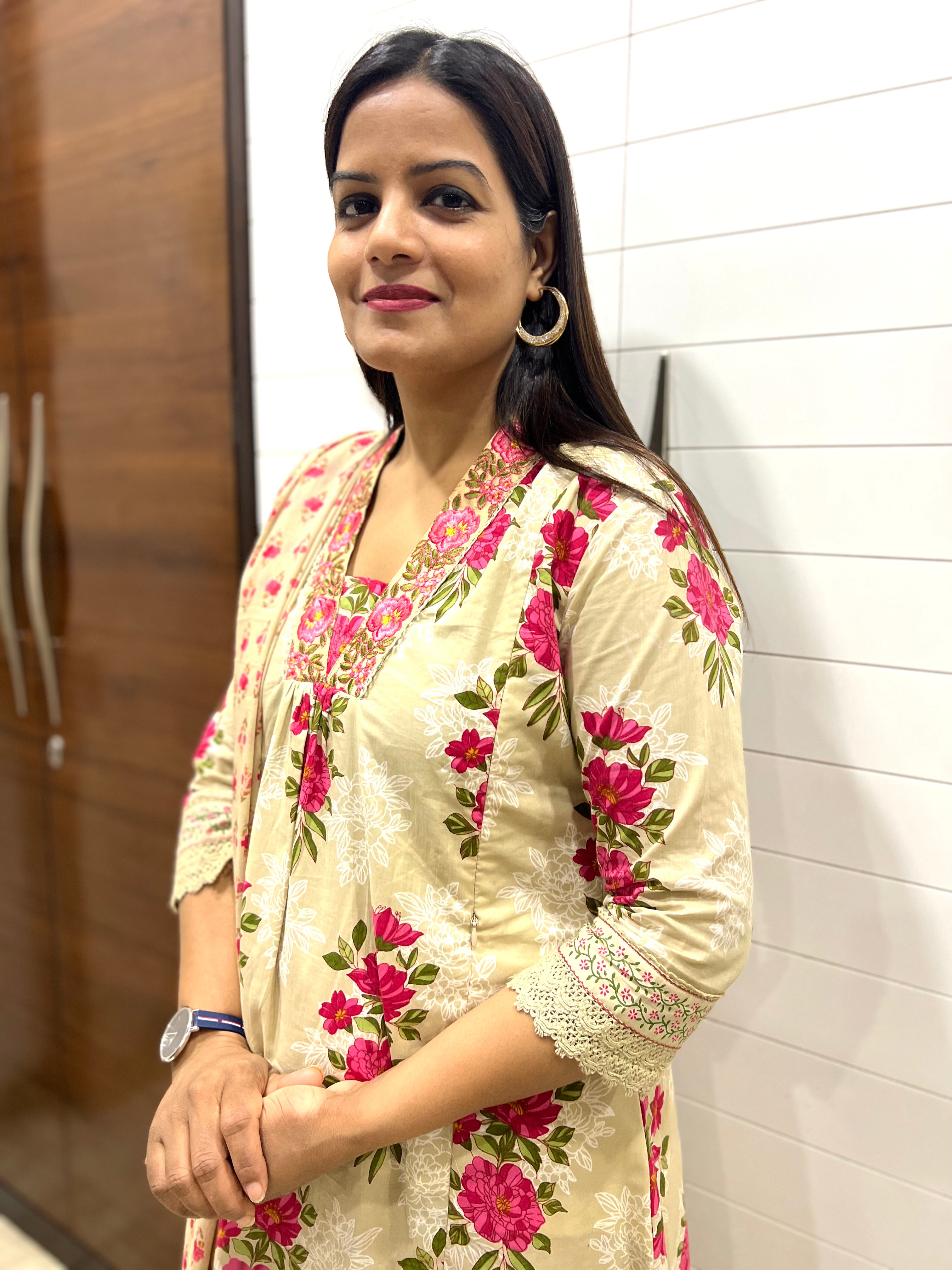Beige Pure Cotton Embroidered A-Line Kurta Pant and Dupatta Set for Feeding and Maternity Purpose