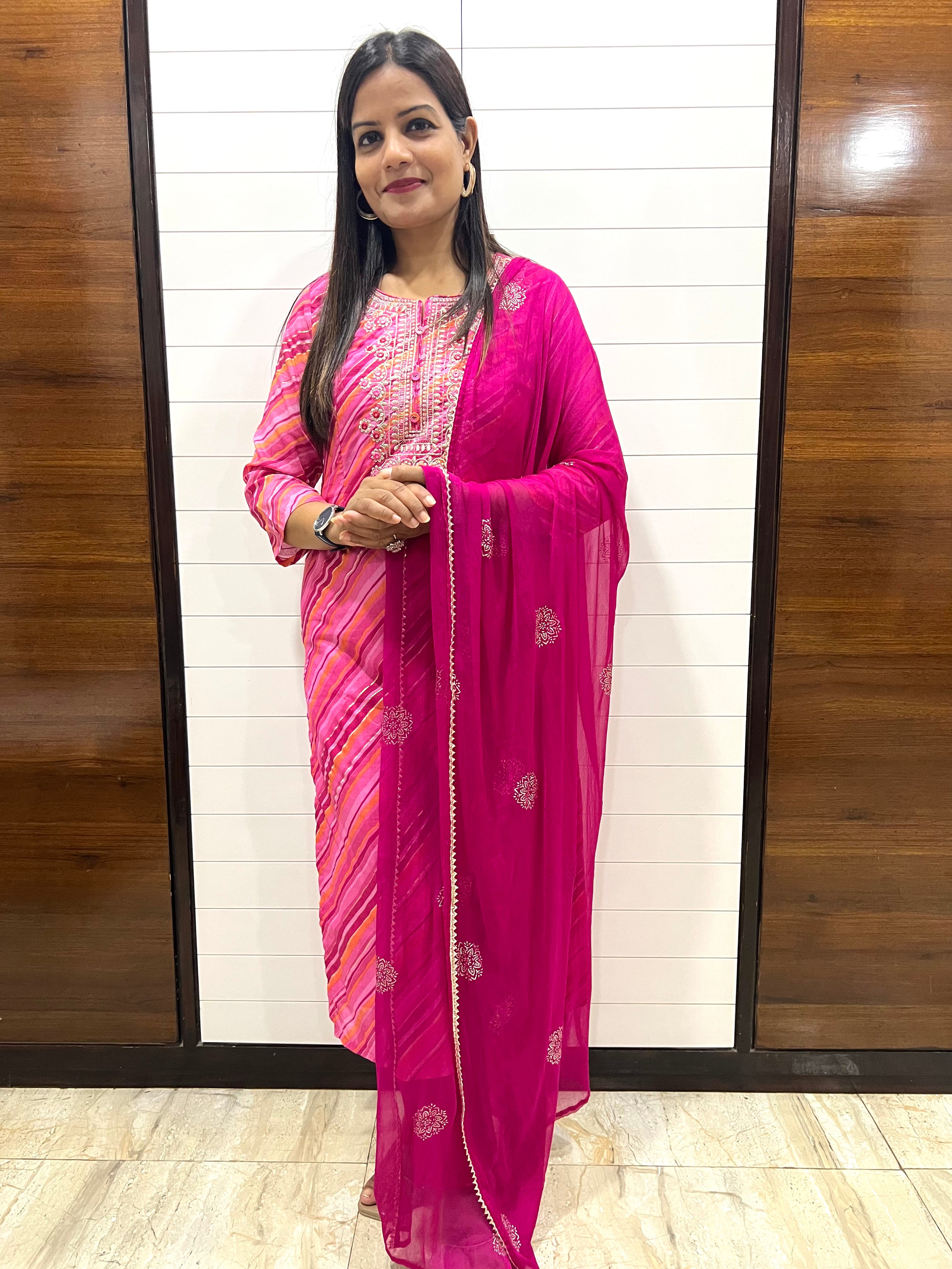 Fuchsia Cotton Embroidered Feeding Kurta Pant and Chiffon Dupatta with Attached Lining