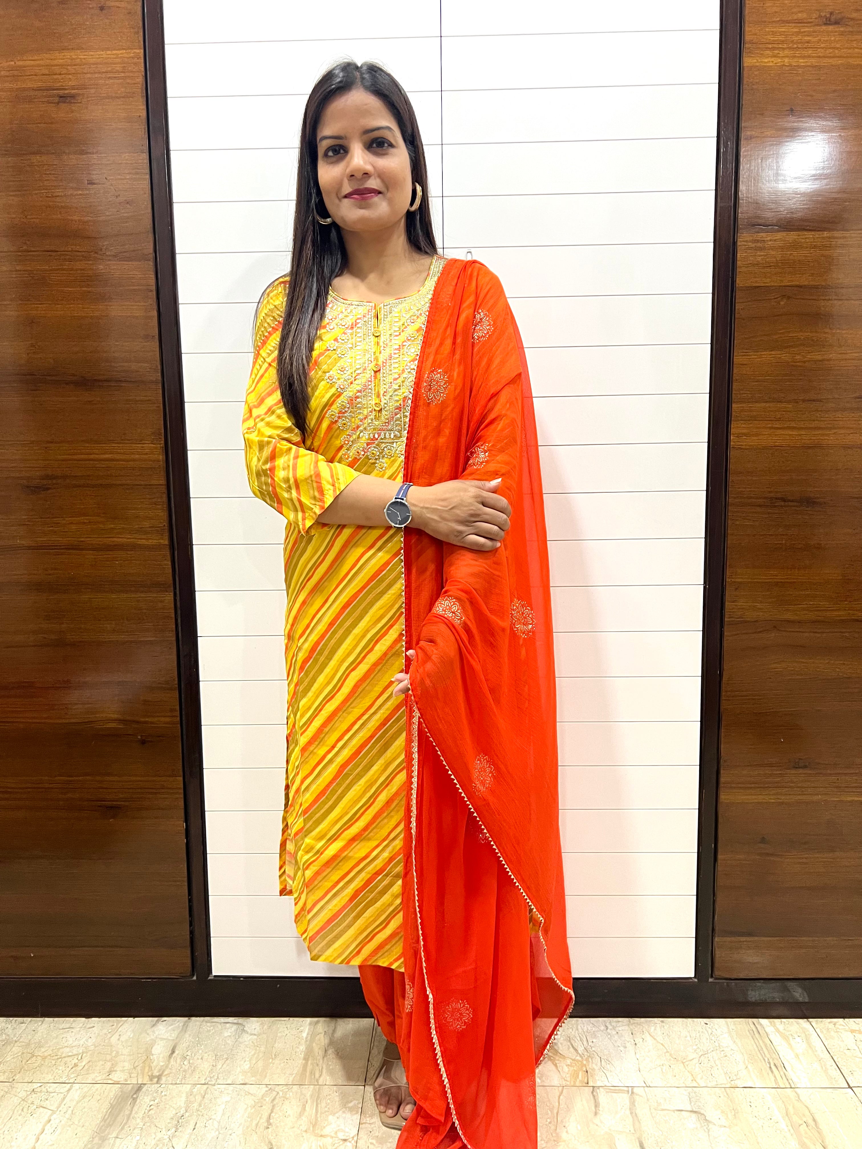 Yellow Cotton Embroidered Feeding Kurta Pant and Chiffon Dupatta with Attached Lining