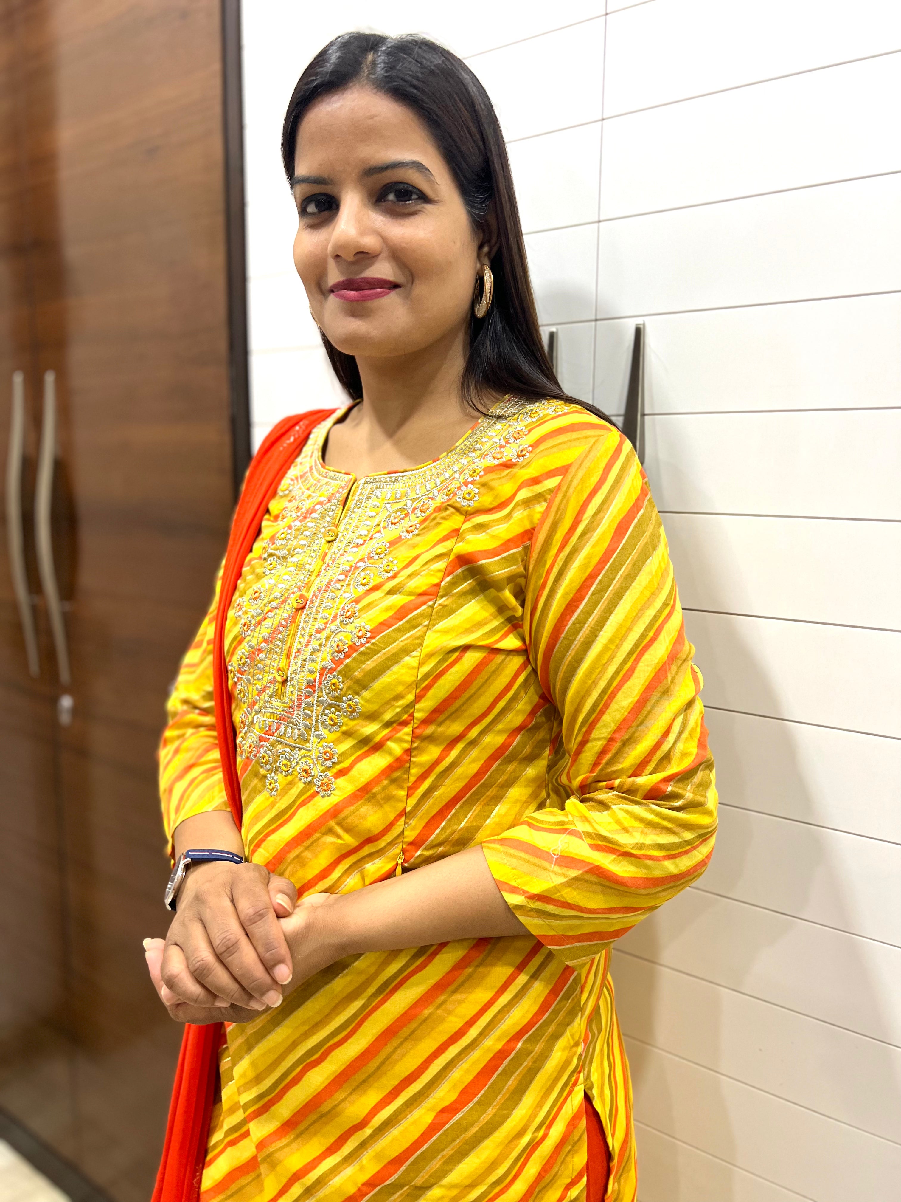 Yellow Cotton Embroidered Feeding Kurta Pant and Chiffon Dupatta with Attached Lining