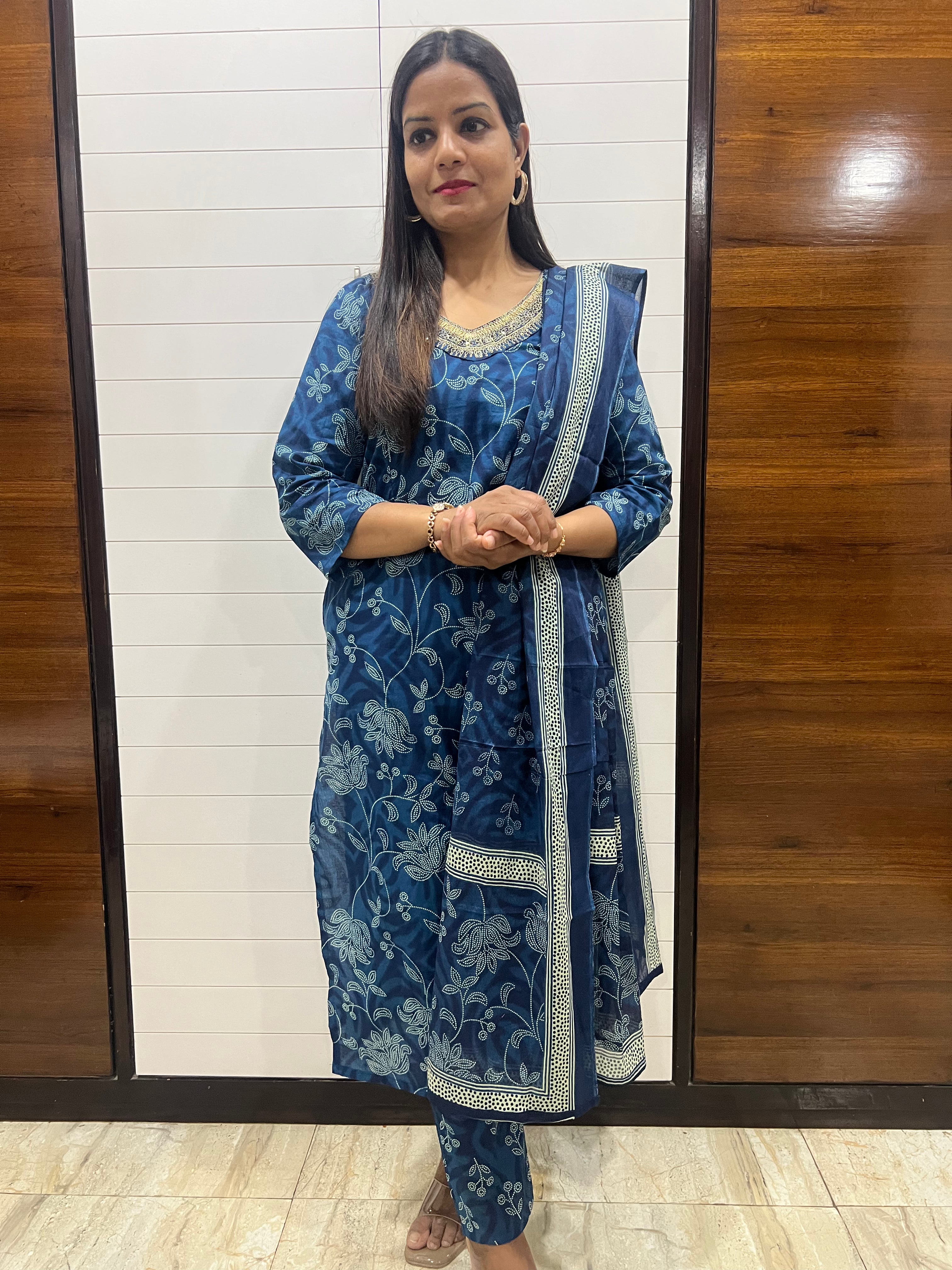 Blue Pure Printed Cotton Feeding Kurta Pant and Dupatta Set